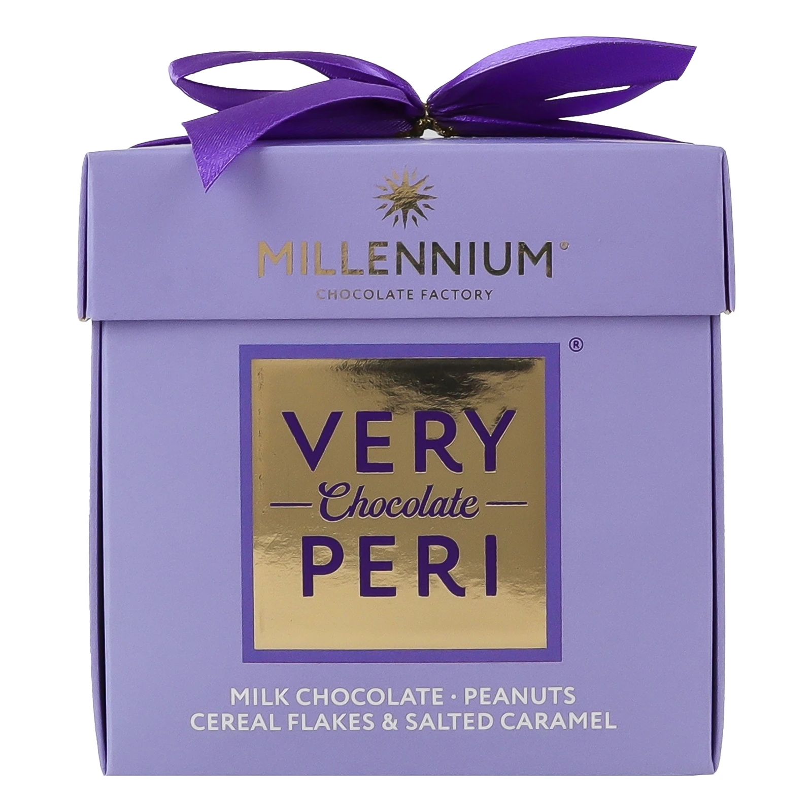Цукерки Millennium Very Peri шоколадні молочні з арахісом, родзинками, злаковими пластівцями та солоною карамеллю 140г Фото №:1