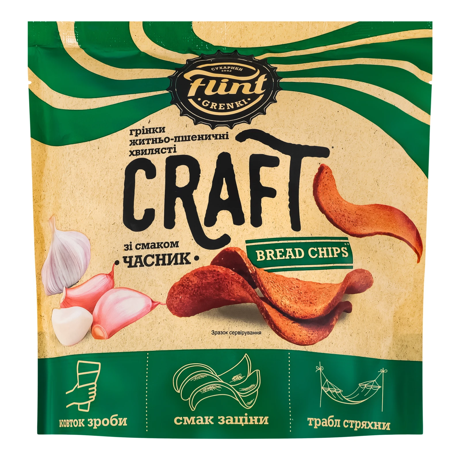 Грінки Flint Craft Bread chips житньо-пшеничні хвилясті зі смаком Часник 80г Фото навігації №:1