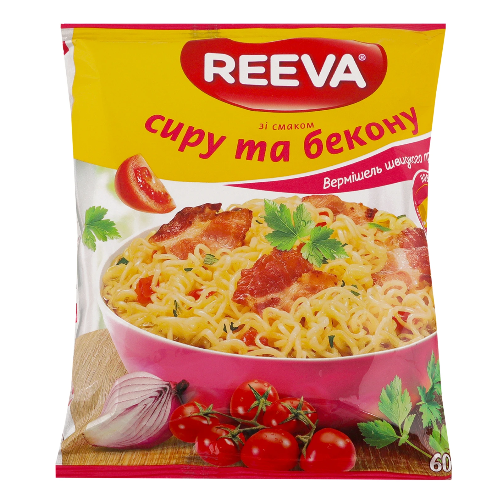 Вермішель Reeva швидкого приготування зі смаком Сиру та бекону 60г Фото №:1