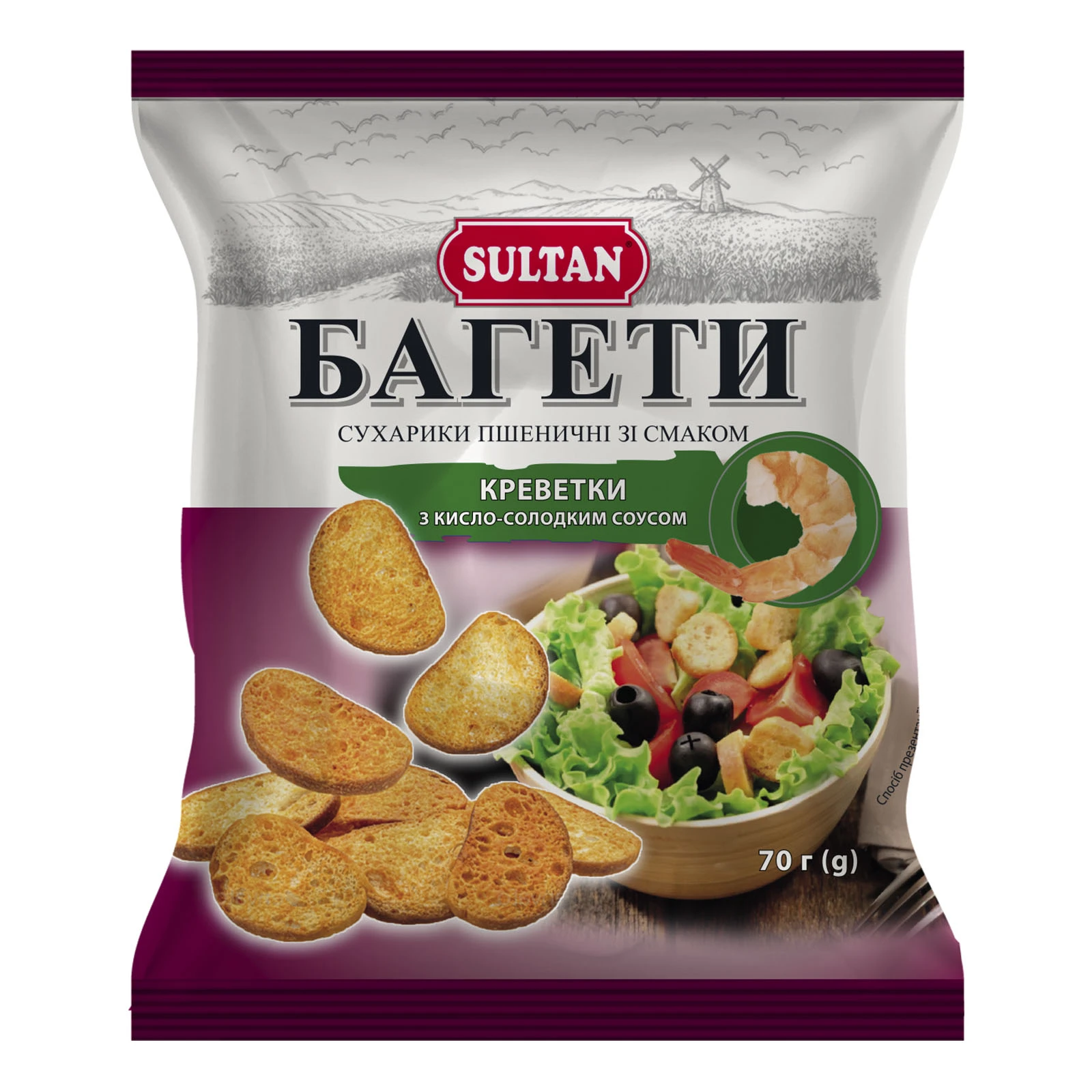 Сухарики Sultan Багети пшеничні зі смаком креветки з кисло-солодким соусом 70г Фото №:1