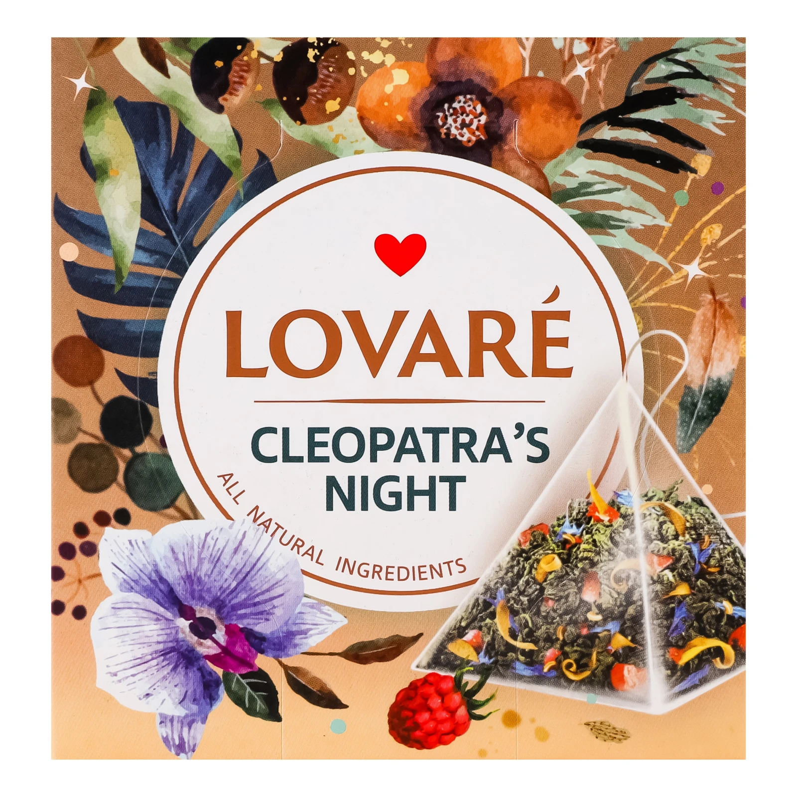 Чай Lovare Ніч Клеопатри зелений китайський байховий листовий з ягодами, пелюстками квітів з ароматом малини 15х2г Фото №:1