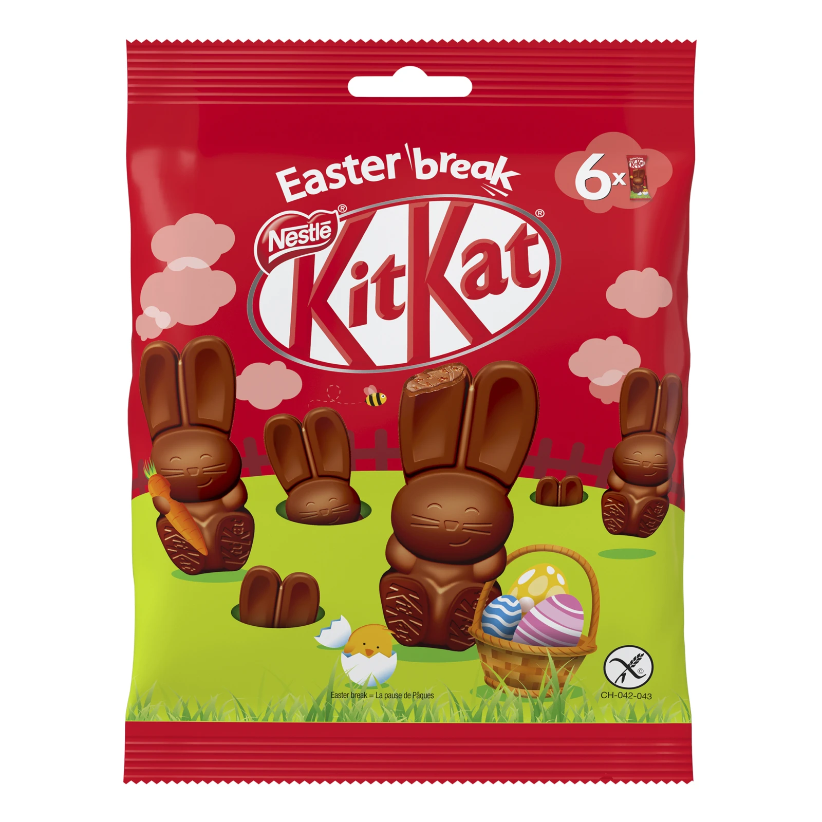 Фігурки шоколадні Kit Kat Easter break молочний шоколад з начинкою рисовими кріпсами, печивом та шматочками вафель 6х11г Фото №:1