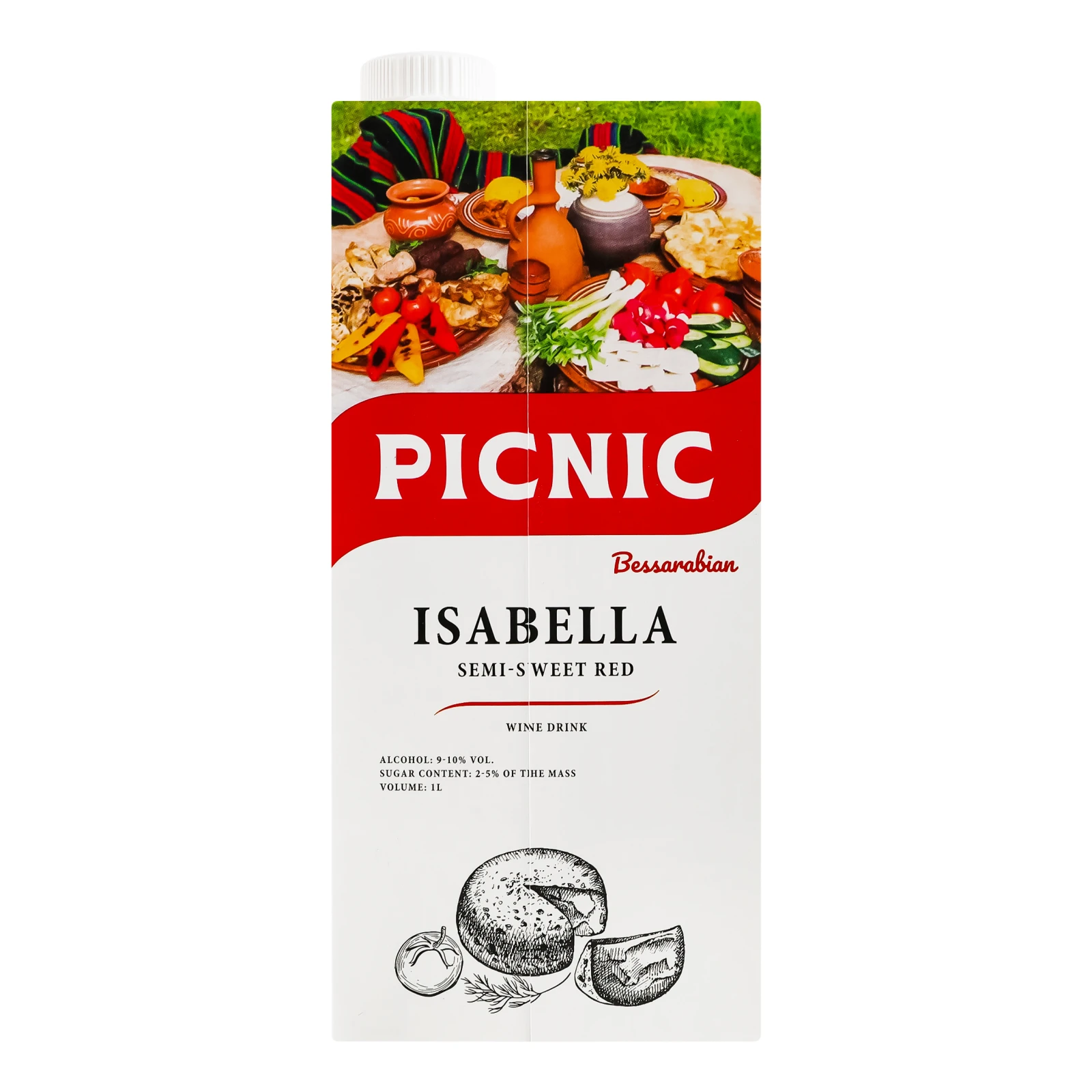 Напій алкогольний Picnic Ізабелла По-Бессарабськи на основі вина червоний напівсолодкий 9-10% 1л фото 2