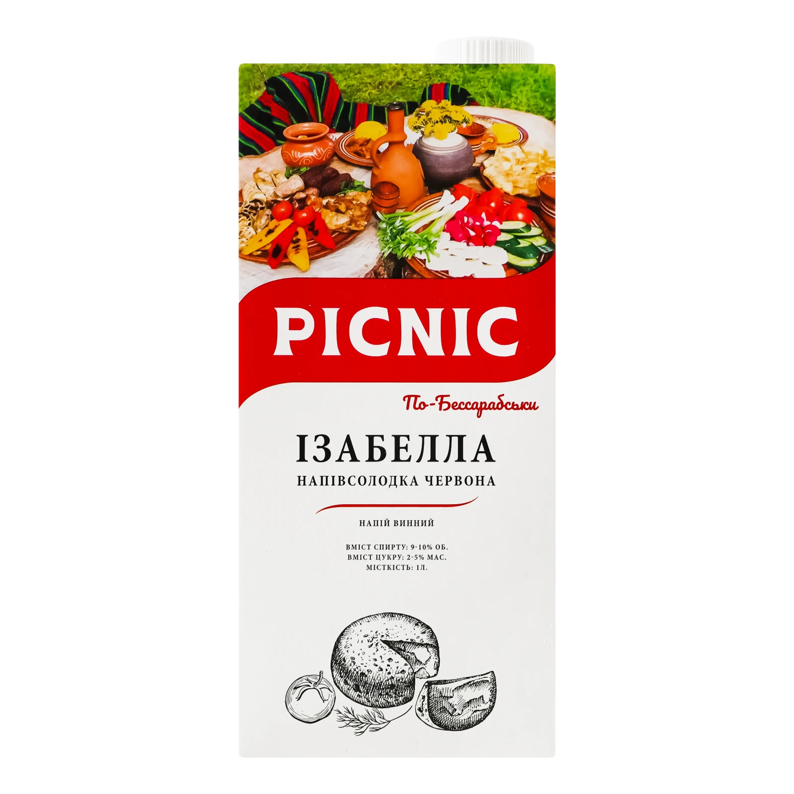 Напій винний Picnic 1л 9-10% Ізабелла по-Бессарабськи червоний н/сол т/пак Фото №:1