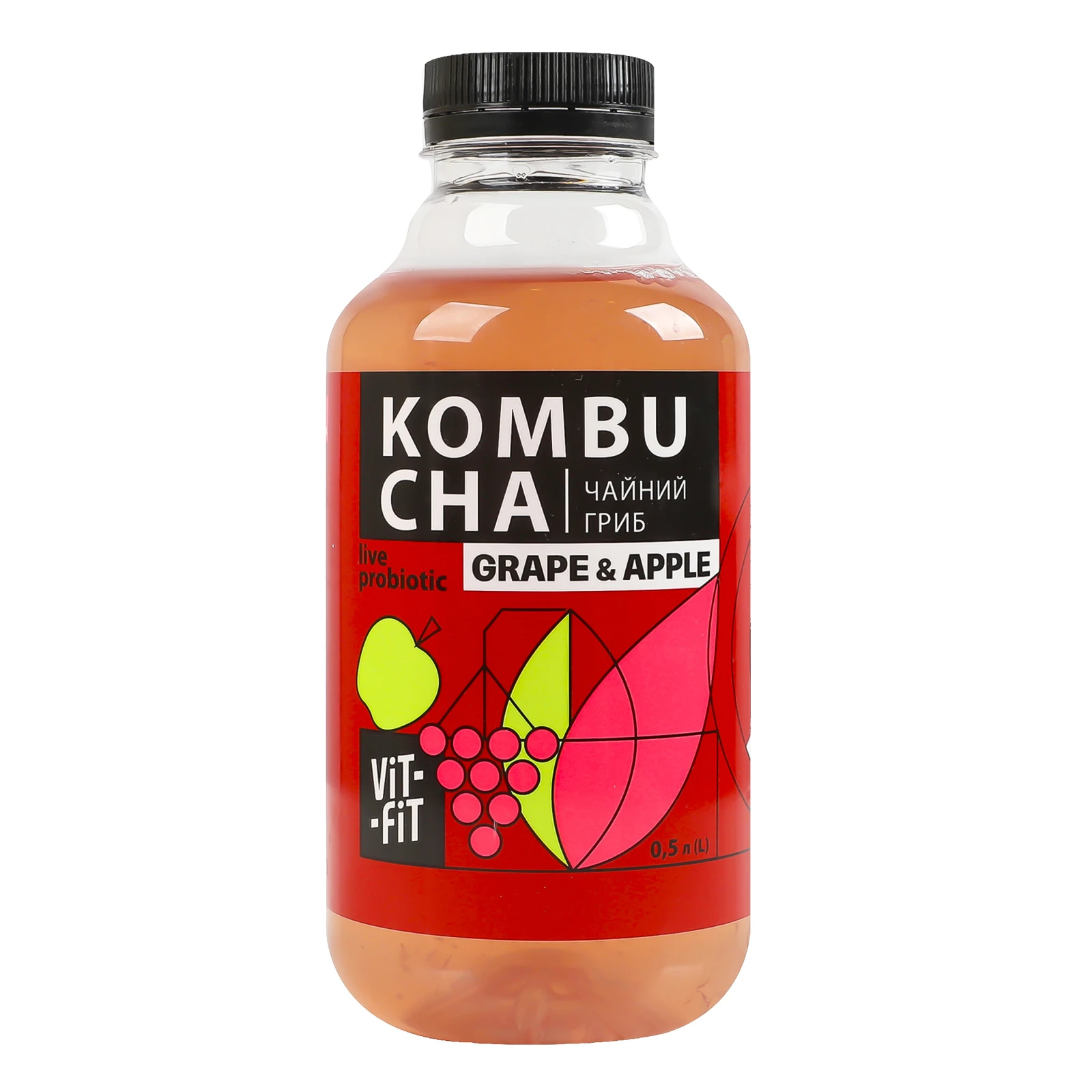 Напій бродіння Vit-Fit Kombucha Чайний гриб фільтрований непастеризований з цукром Grape&Apple 500мл