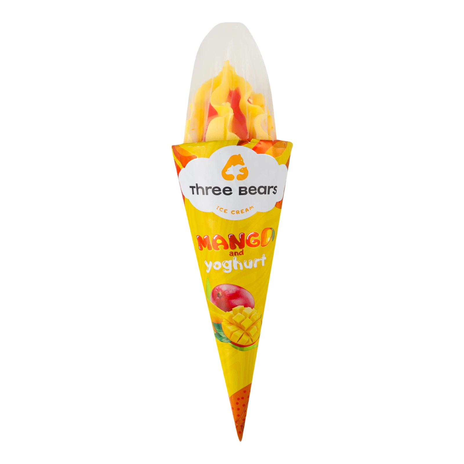 Морозиво Three bears Mango-yoghurt двошарове у вафельному цукровому ріжку 12% 150г Фото №:1