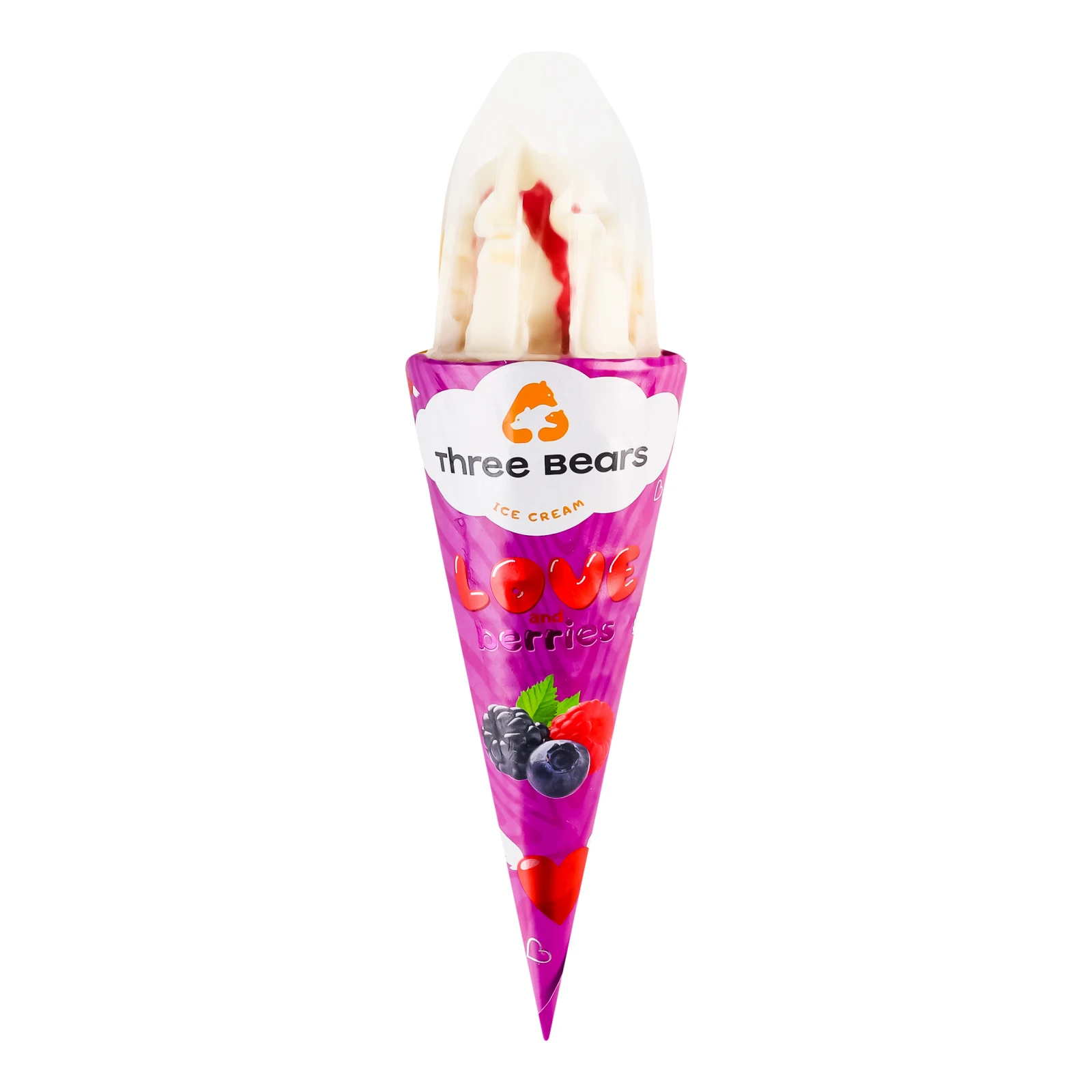 Морозиво Three bears Love&Berries двошарове у вафельному цукровому ріжку 10-12% 150г Фото №:1