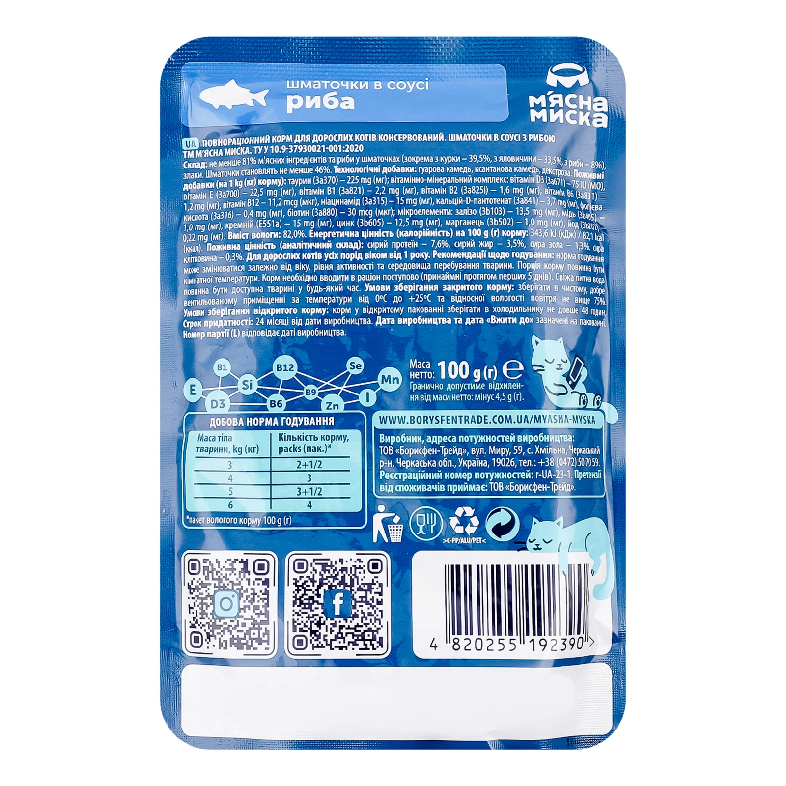 Корм для котів М'ясна Миска консервований повнораціонний для дорослих котів шматочки в соусі Риба 100г Фото №:2