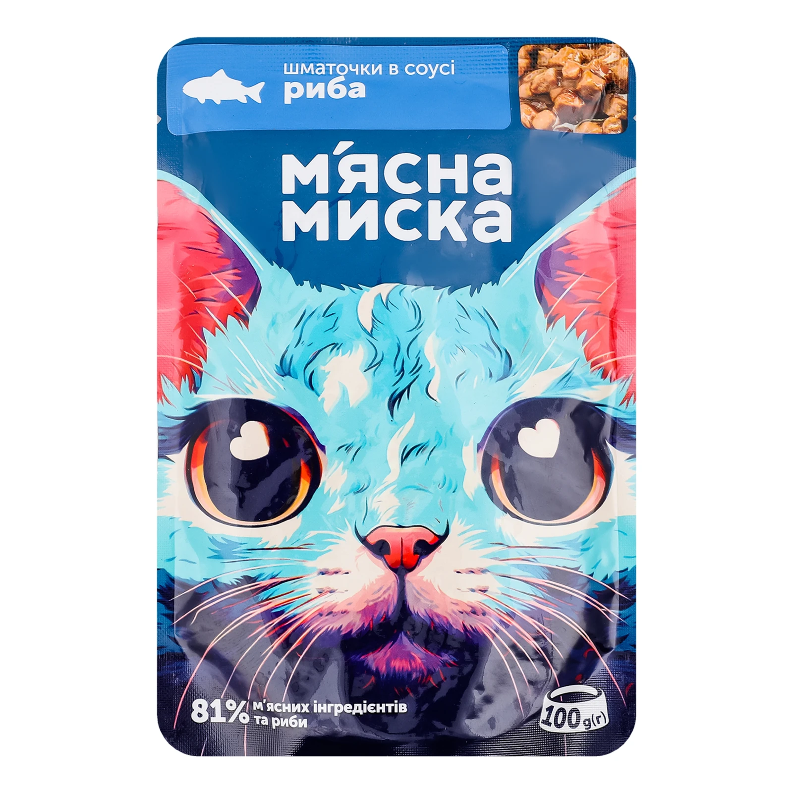 Корм для котів М'ясна Миска консервований повнораціонний для дорослих котів шматочки в соусі Риба 100г Фото №:1