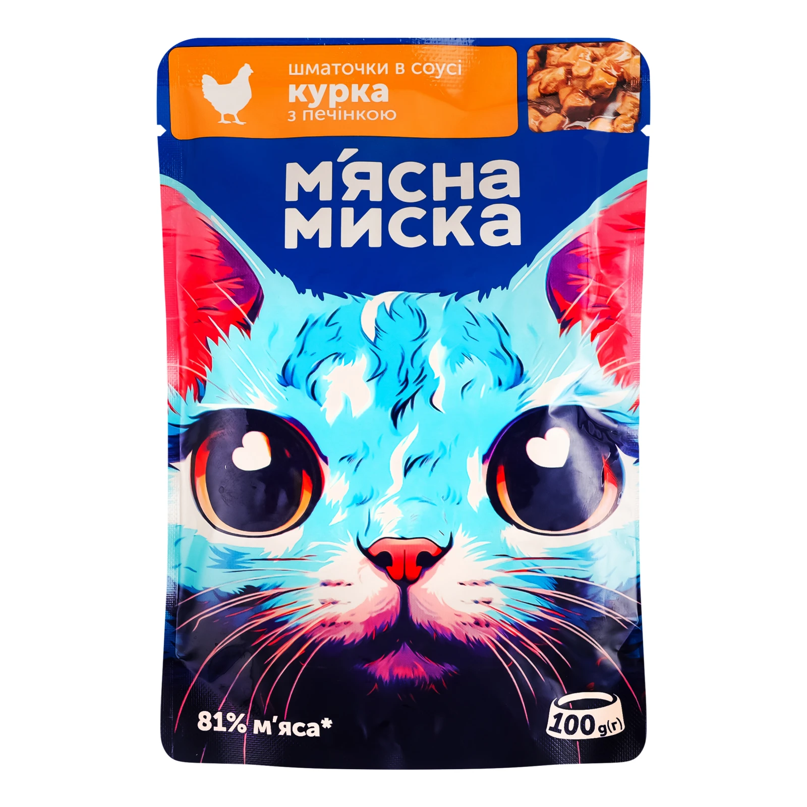 Корм консервований М'ясна Миска Шматочки в соусі Курка з печінкою повнораціонний для дорослих котів 100г Фото №:1