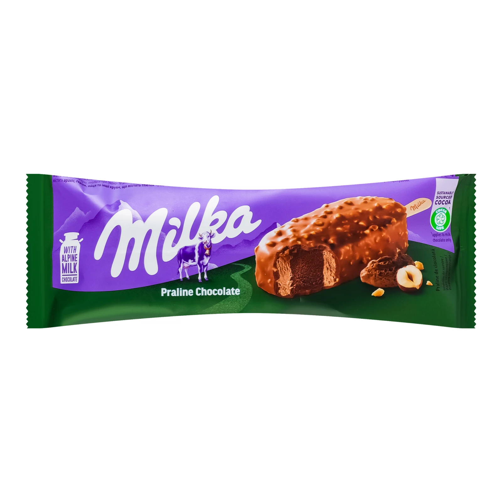 Морозиво Milka Praline Chocolate горіхове з молочно-шоколадно-горіховим соусом зі шматочками смаженого фундука 67г Фото №:1