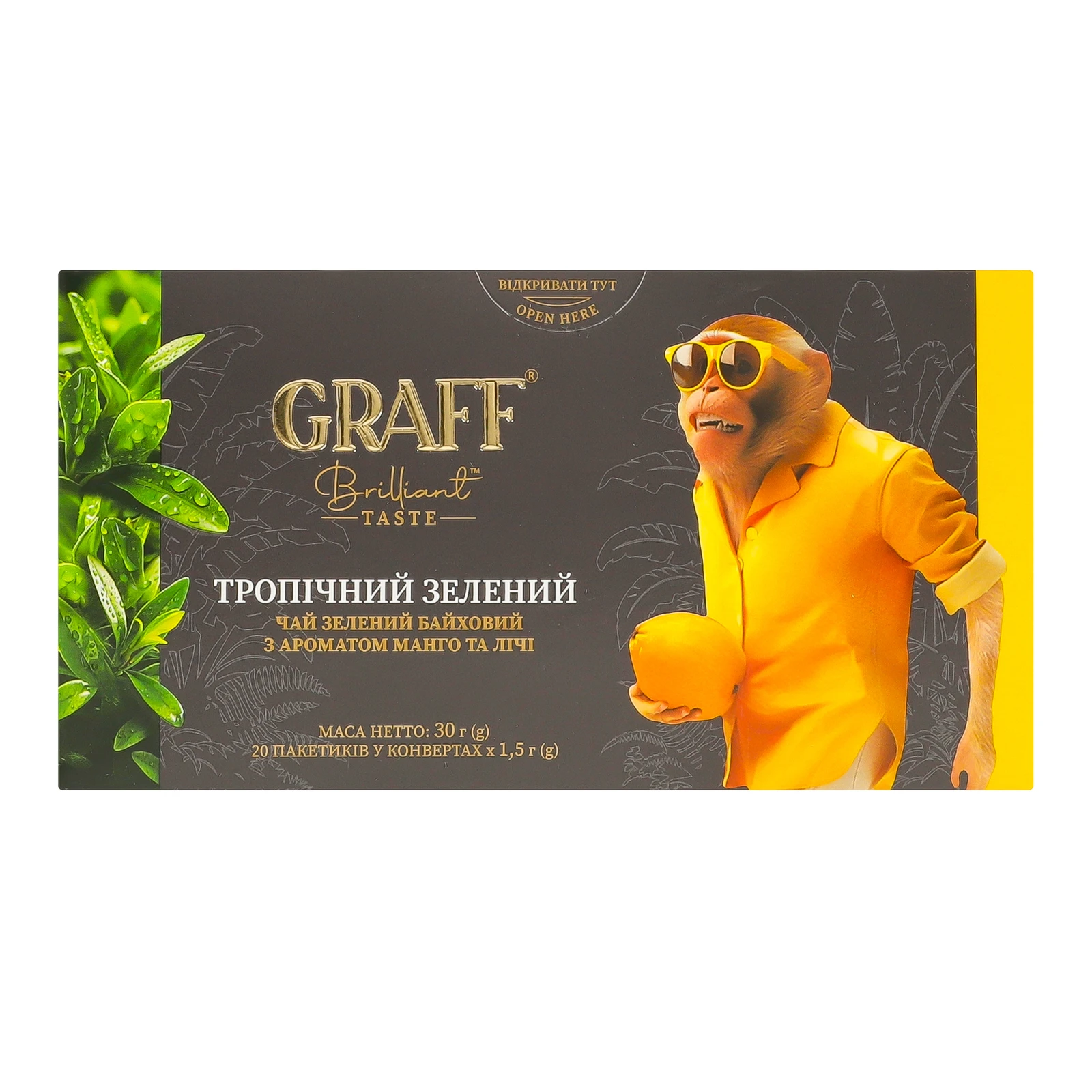 Чай Graff Tropikana verde зелений байховий з ароматом манго та лічі 20х1.5г Фото №:1