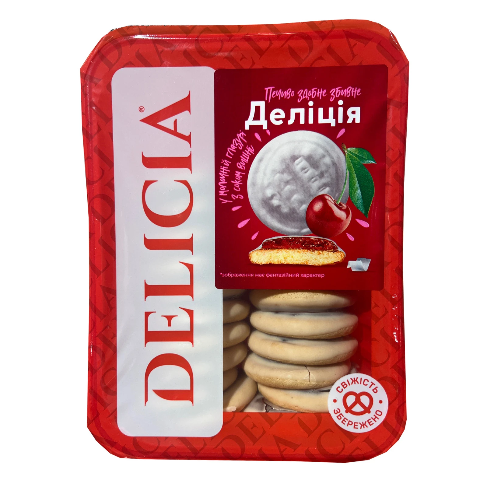 Печиво Delicia Деліція здобне збивне у молочній глазурі зі смаком вишні Фото навігації №:1