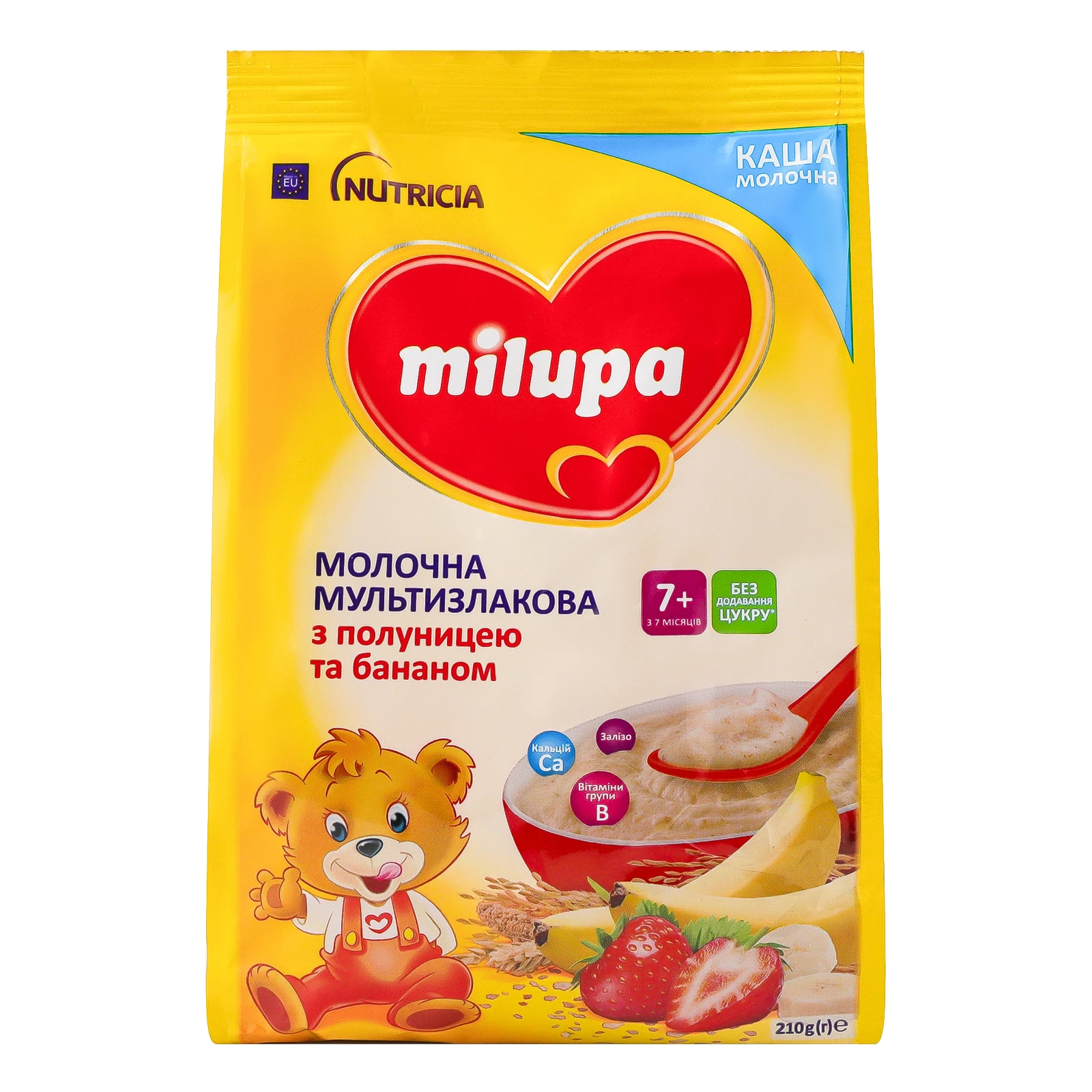Каша молочна Milupa суха мультизлакова з полуницею та бананом для дітей від 7-ми місяців 210г Фото №:1