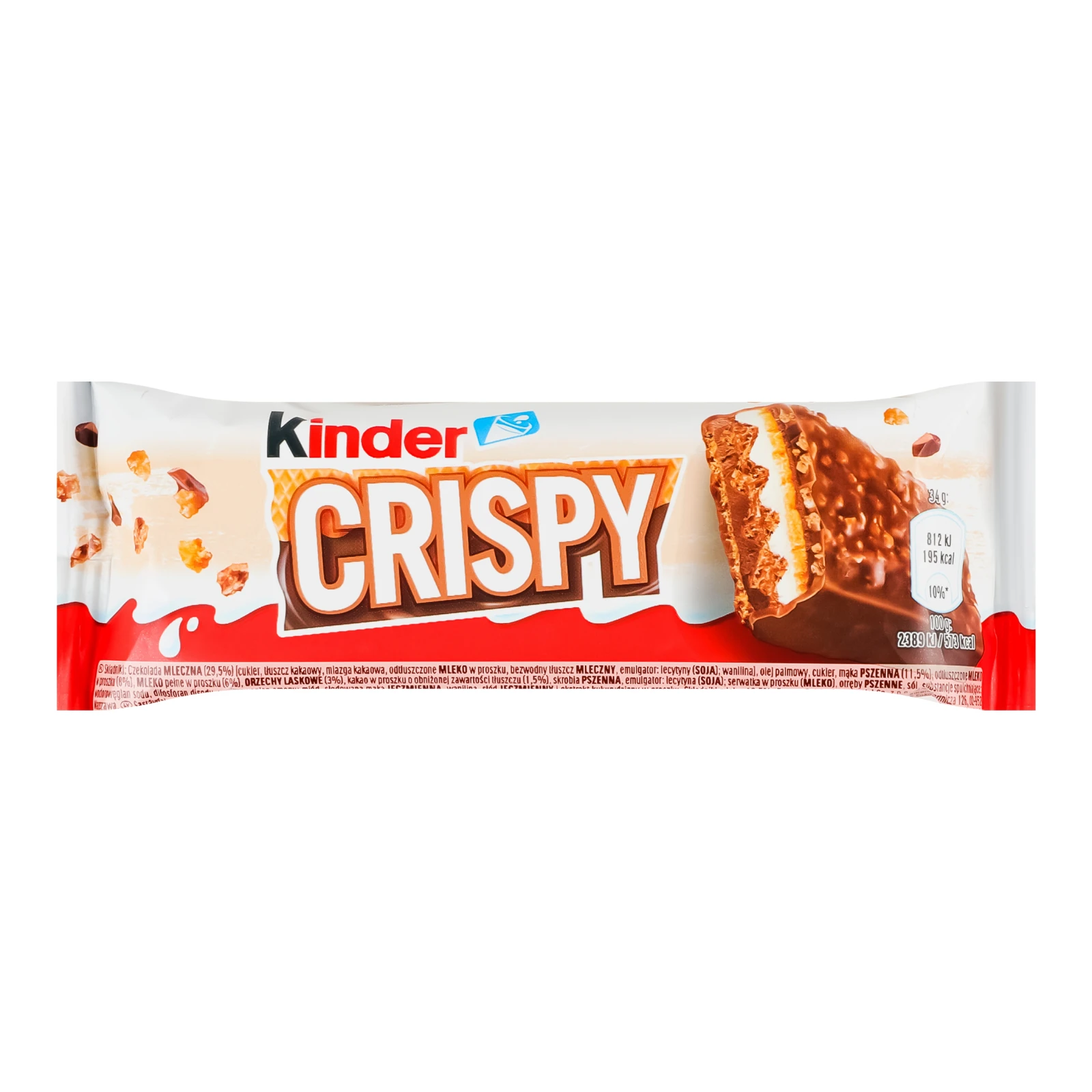 Вафлі Kinder Crispy покриті молочним шоколадом та крихтами печива з какао-горіховою начинкою 34г Фото №:1