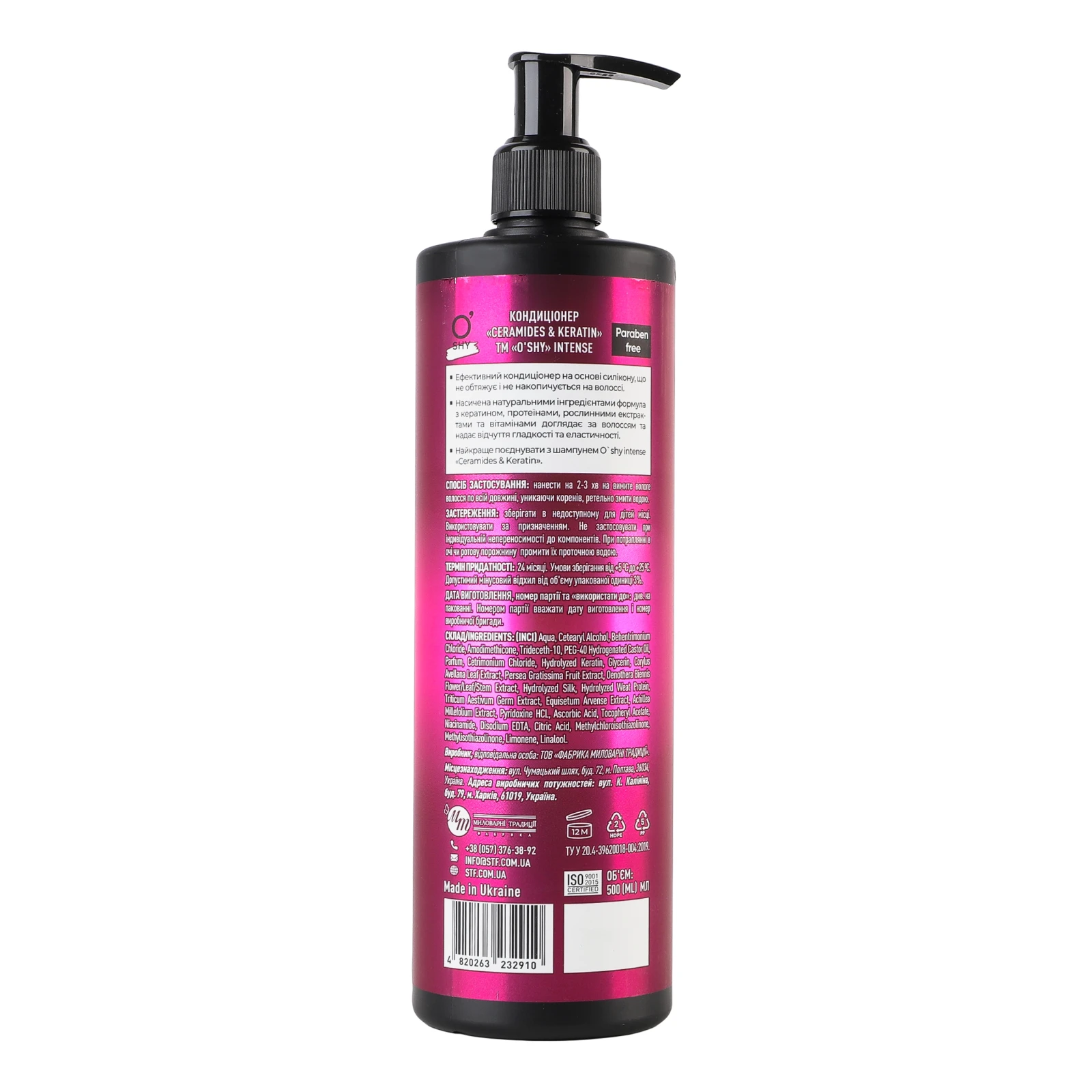 Кондиціонер O'shy Intense Ceramides&keratin Еластичність та гладкість 500мл Фото №:2