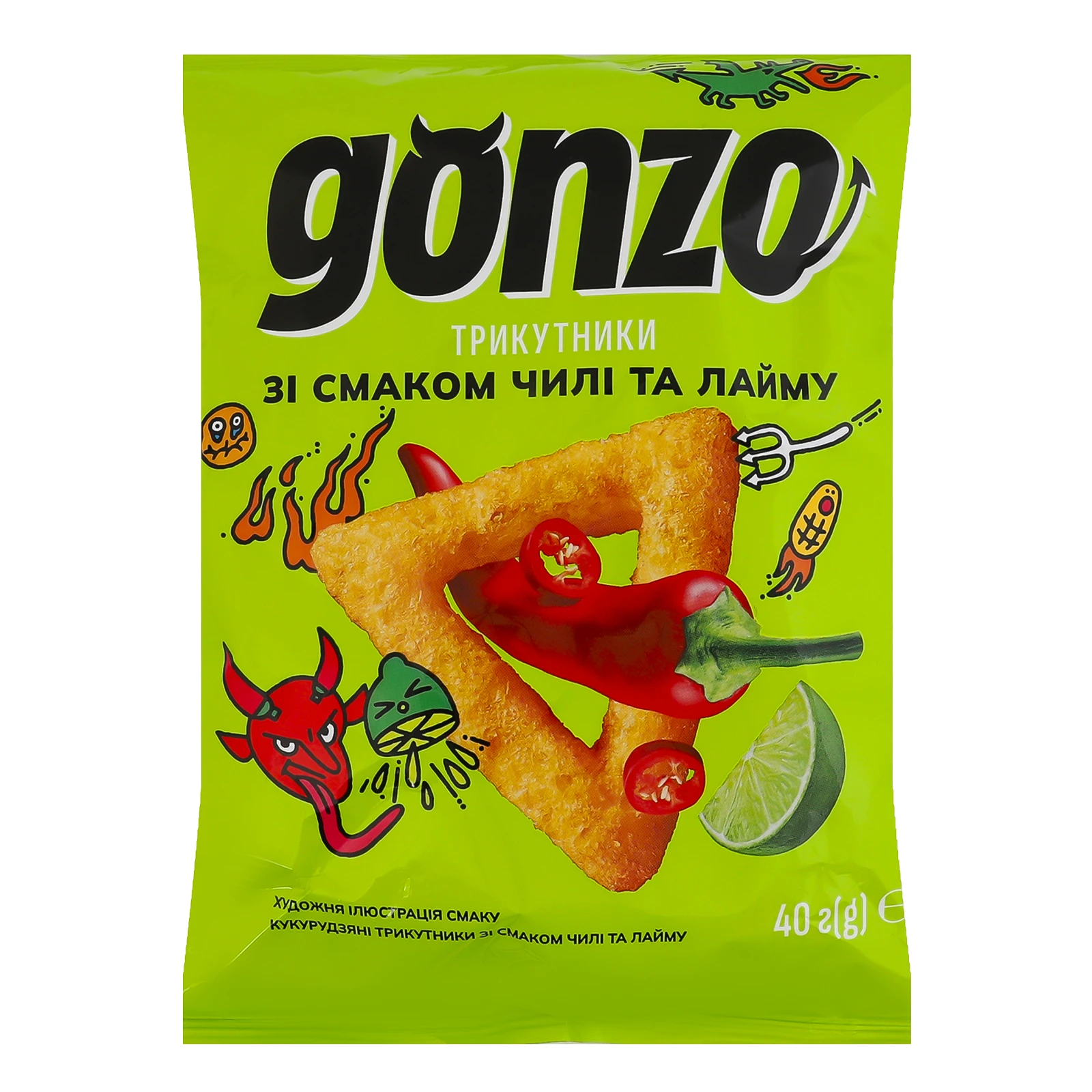 Снеки Gonzo кукурудзяні трикутники гострі зі смаком Чилі та лайма 40г