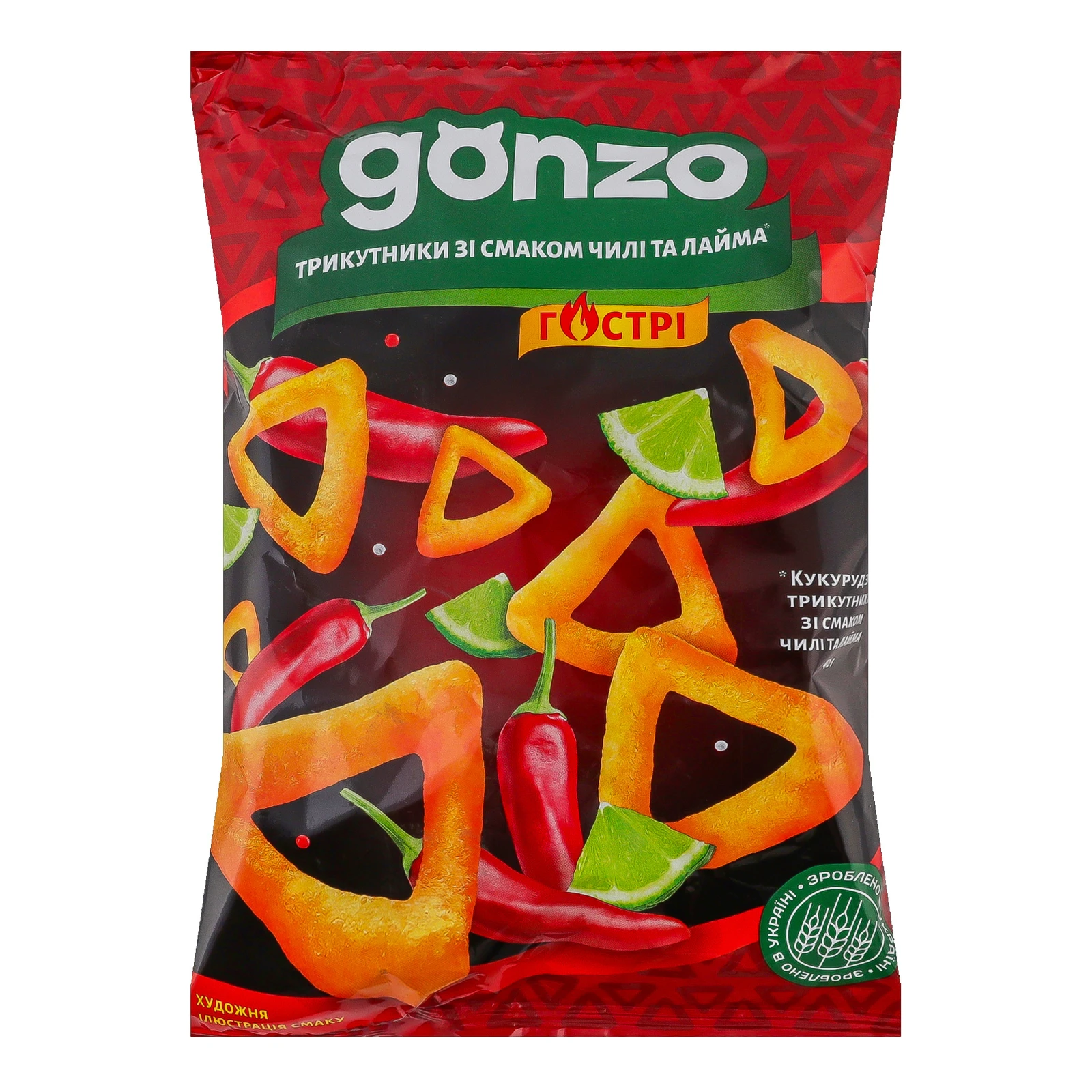 Снеки Gonzo кукурудзяні трикутники гострі зі смаком чилі та лайма 40г Фото №:1