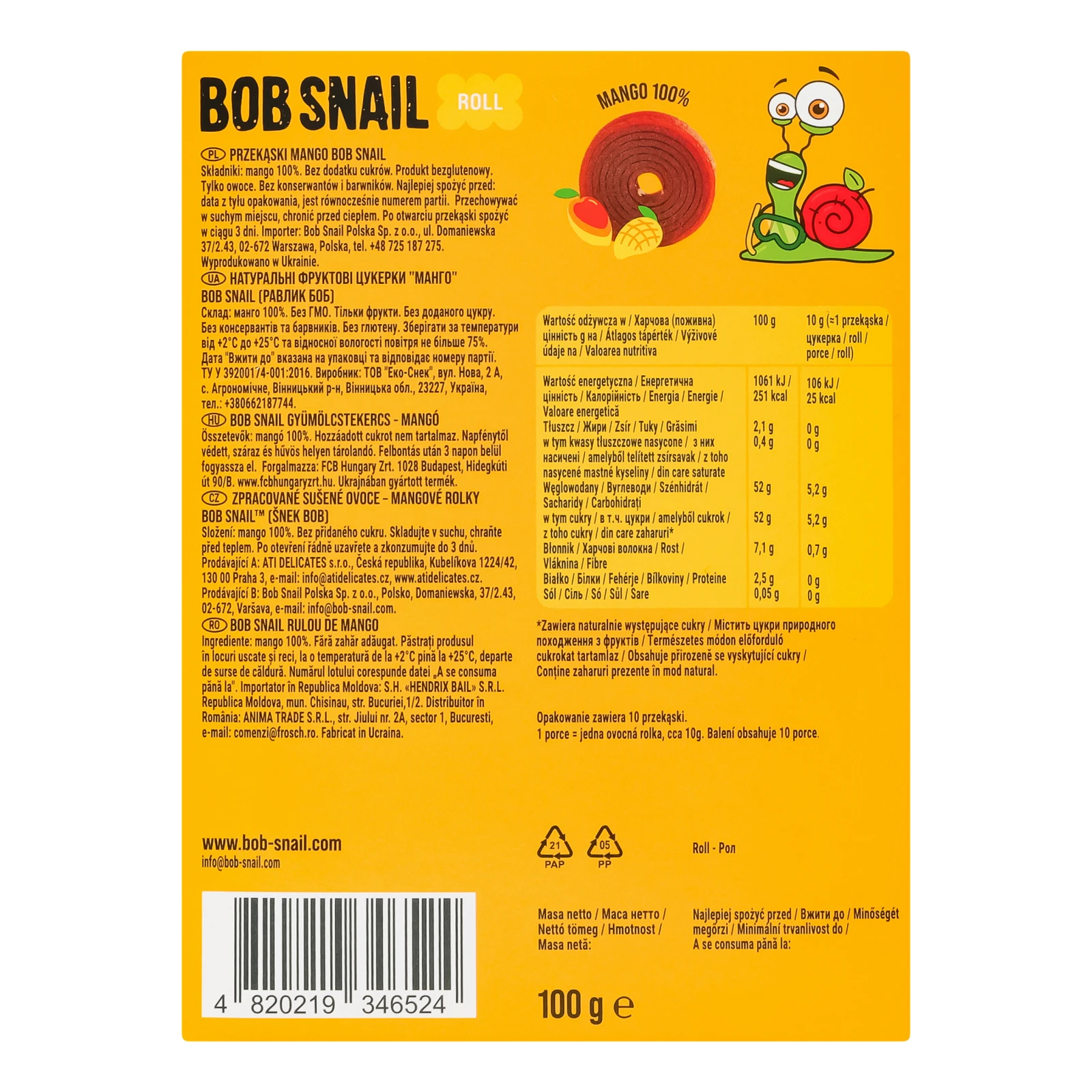Цукерки Bob Snail Roll фруктові натуральні Манго 10*10г Фото №:2