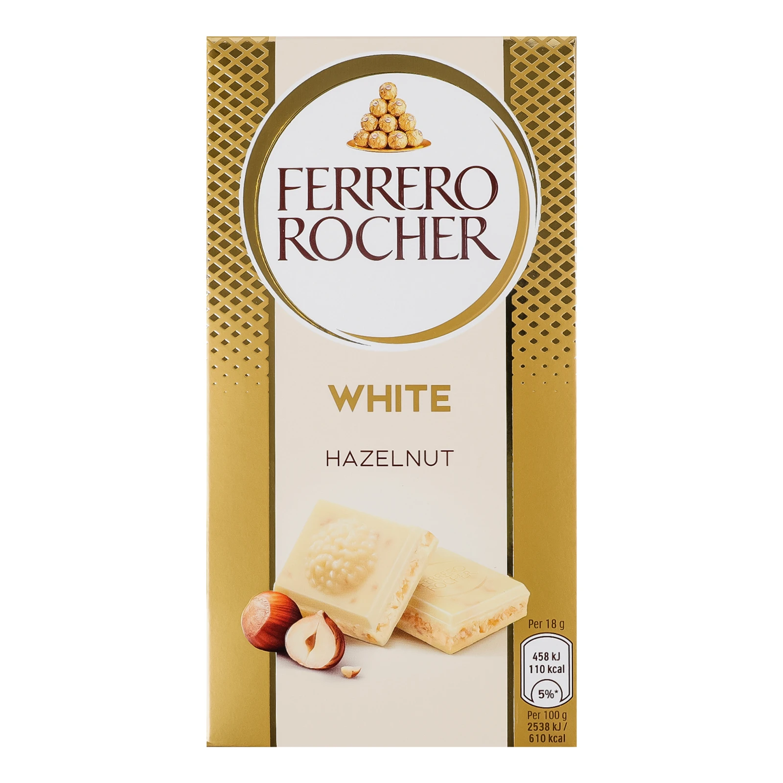 Шоколад Ferrero Rocher білий з горіховою начинкою та подрібненими лісовими горіхами 90г
