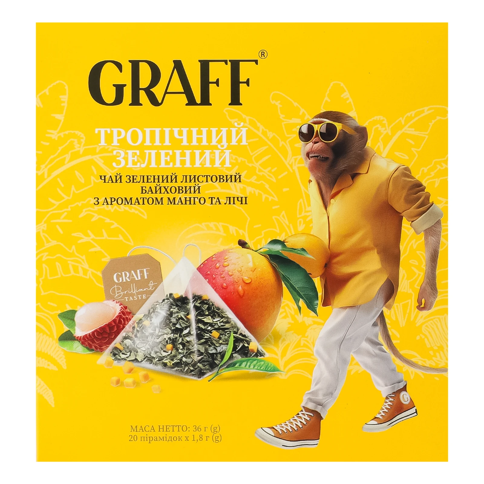 Чай Graff Тропічний зелений байховий листовий з ароматом манго та лічі 20х1.8г Фото №:2