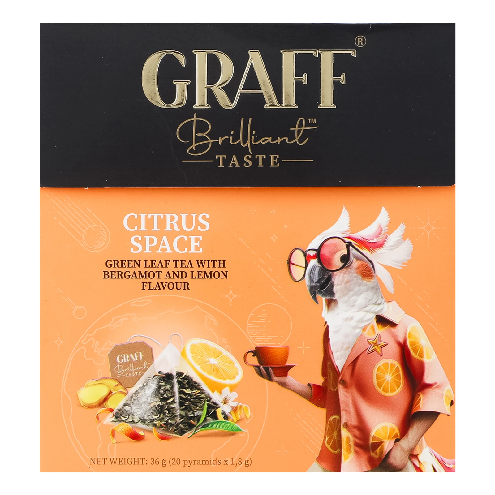 Чай Graff Цитрусовий космос зелений байховий листовий з ароматом бергамоту та лимону 20х1.8г Фото №:1