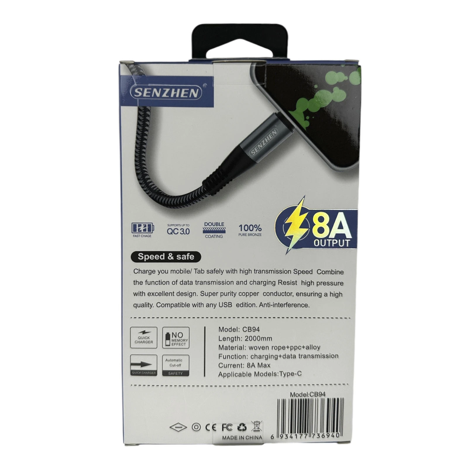 Кабель для зарядки 8А 2000мм Type-C CB94 Фото №:2