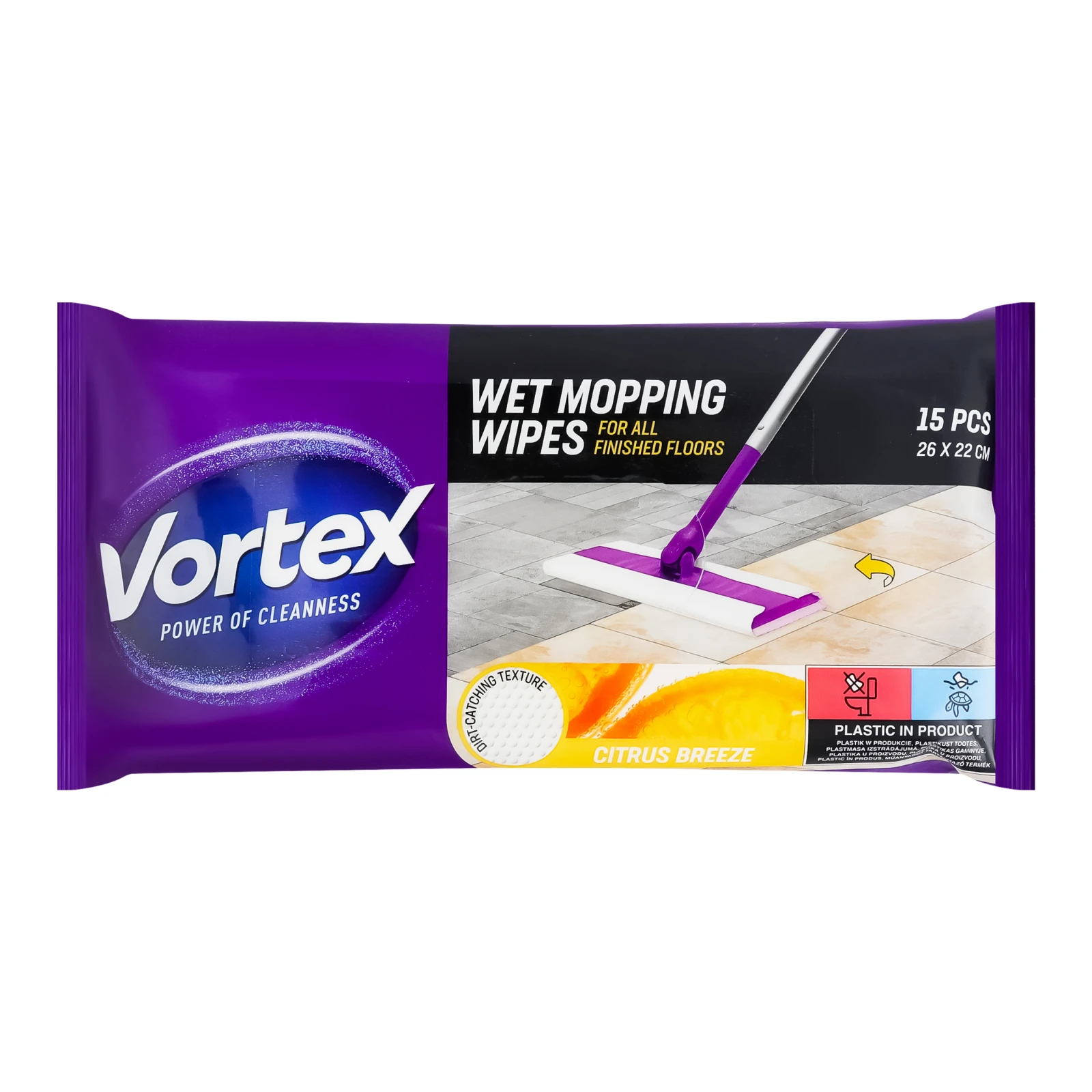 Серветки Vortex Citrus breeze вологі господарські для підлоги 26*22см 15шт/уп Фото №:1