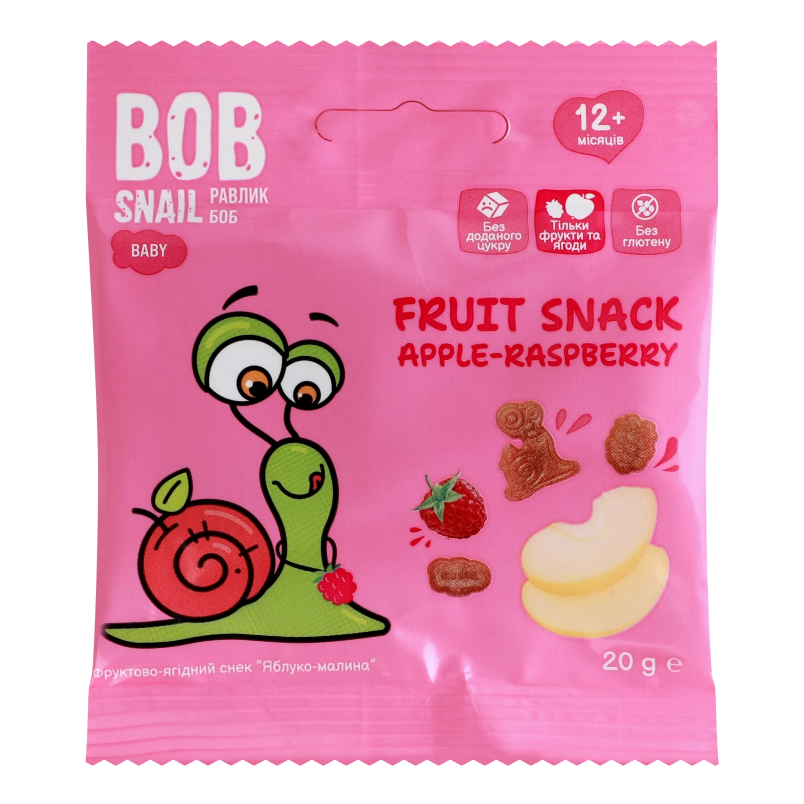 Снек фруктово-ягідний Bob Snail Baby Apple-raspberry для дітей від 12-ти місяців 20г Фото навігації №:1