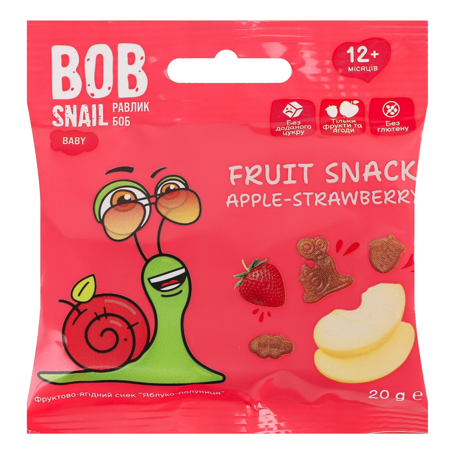 Снек фруктово-ягідний Bob Snail Baby Apple-strawberry для дітей від 12-ти місяців 20г Фото №:1