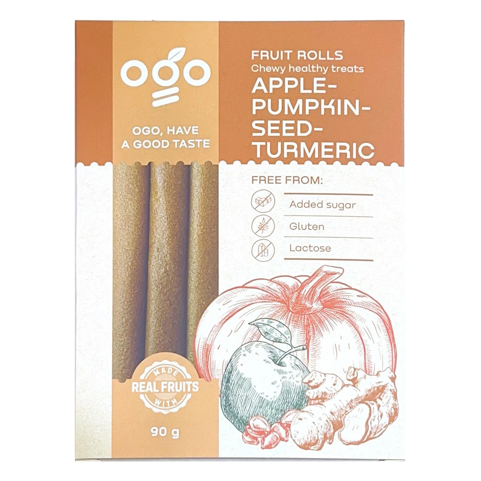 Пастила Ogo 90г Fruit rolls яблуко-гарбуз-гарбузове насіння-куркума Фото №:1