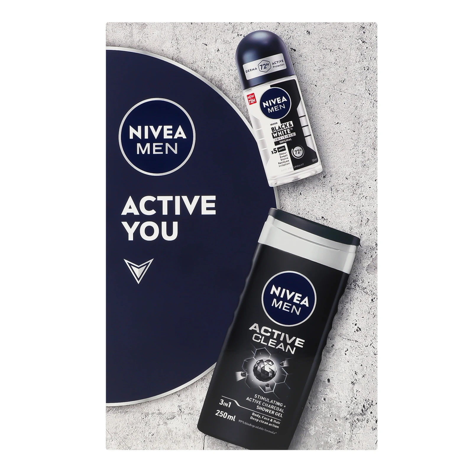 Набір косметичний Nivea Men Active you Гель для душу Active clean 250мл + Антиперспірант Black&White Original 50мл 1шт Фото №:1
