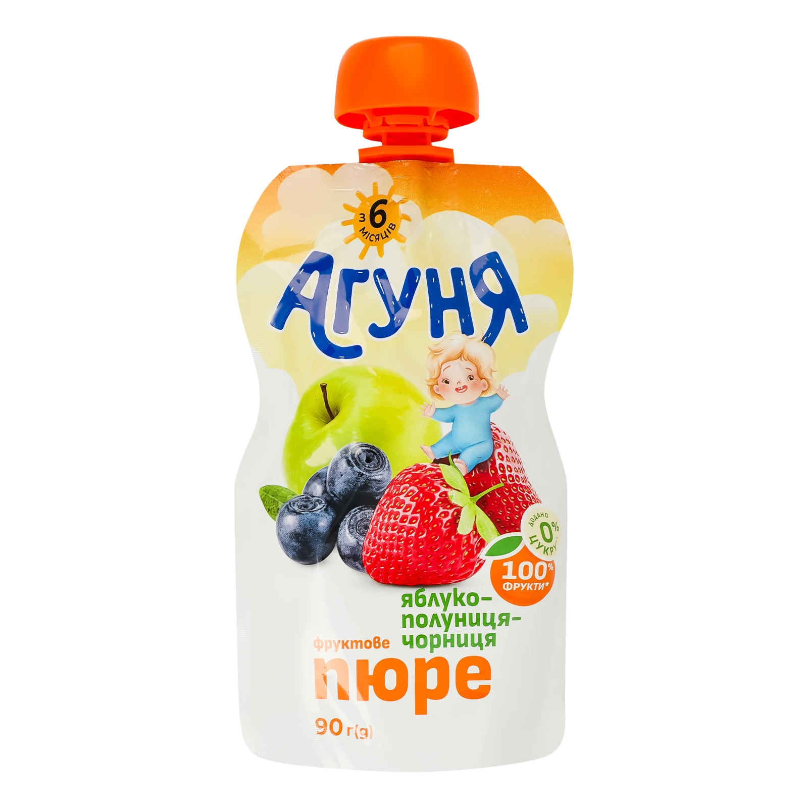 Пюре Агуня фруктове гомогенізоване стерилізоване Яблуко-полуниця-чорниця для дітей від 6-ти місяців 90г Фото №:1