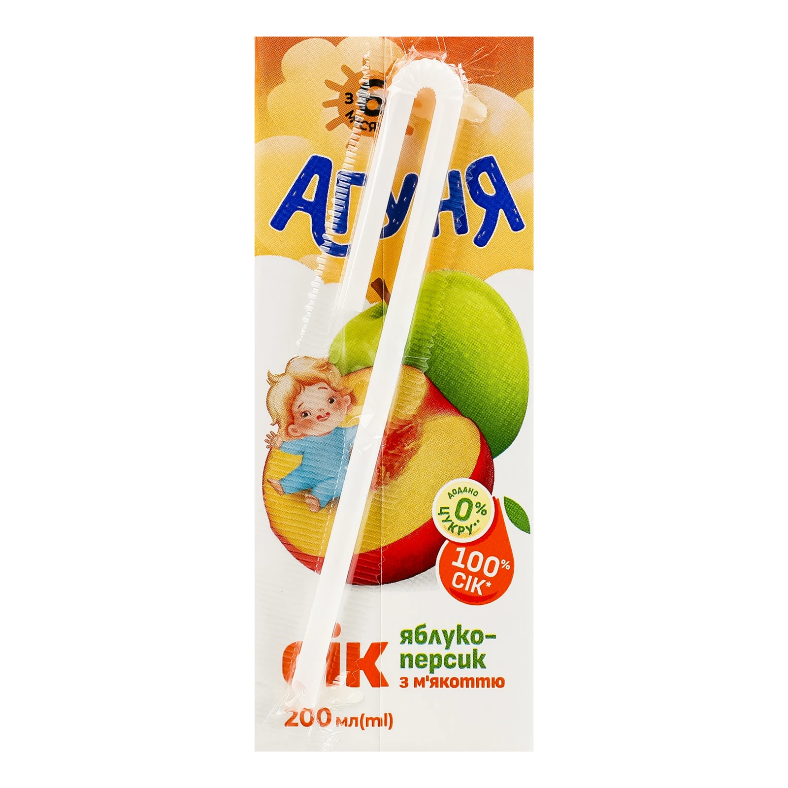 Сік Агуня з м'якоттю відновлений стерилізований гомогенізований Яблуко-персик для дітей від 6-ти місяців 200мл Фото №:2