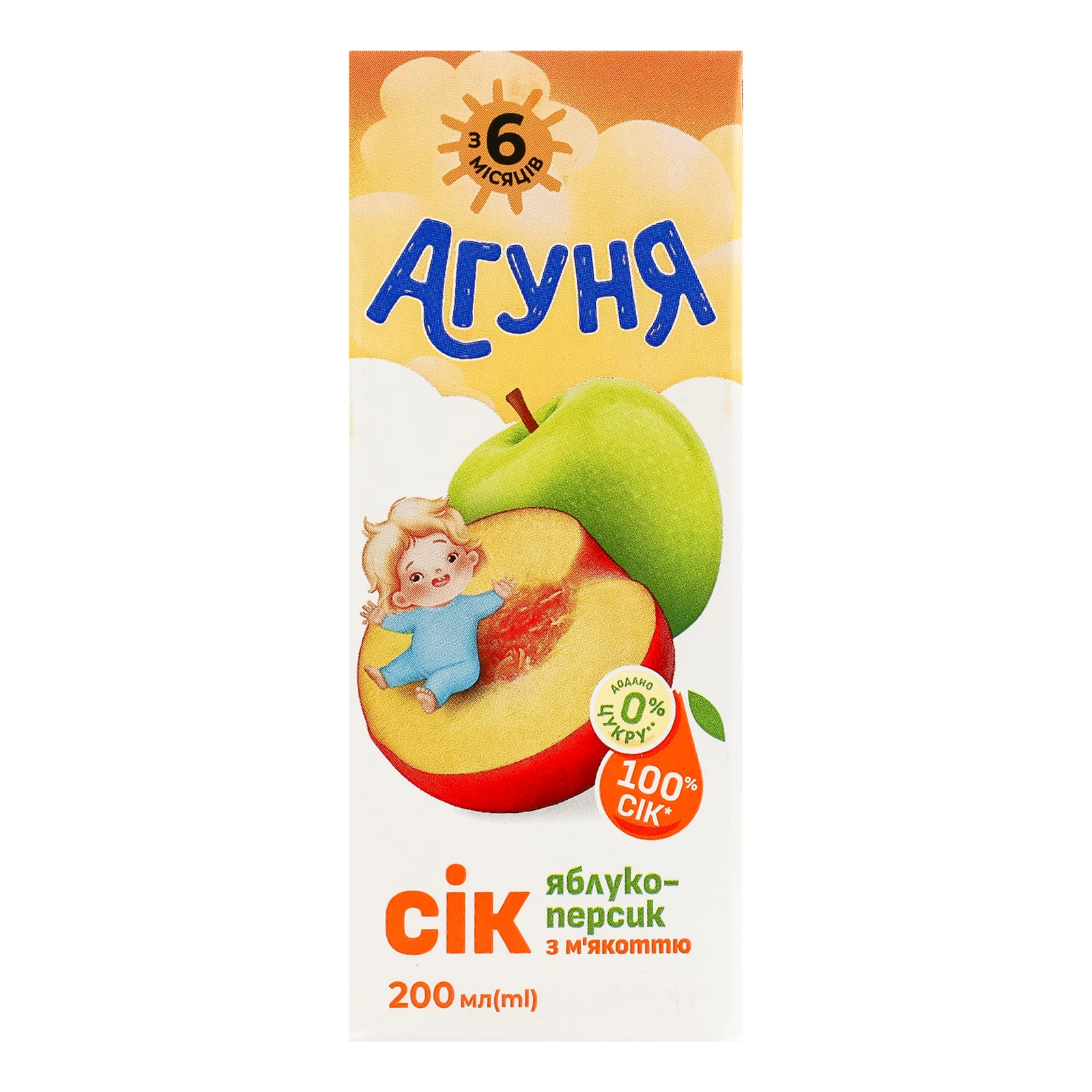 Сік Агуня з м'якоттю відновлений стерилізований гомогенізований Яблуко-персик для дітей від 6-ти місяців 200мл Фото №:1