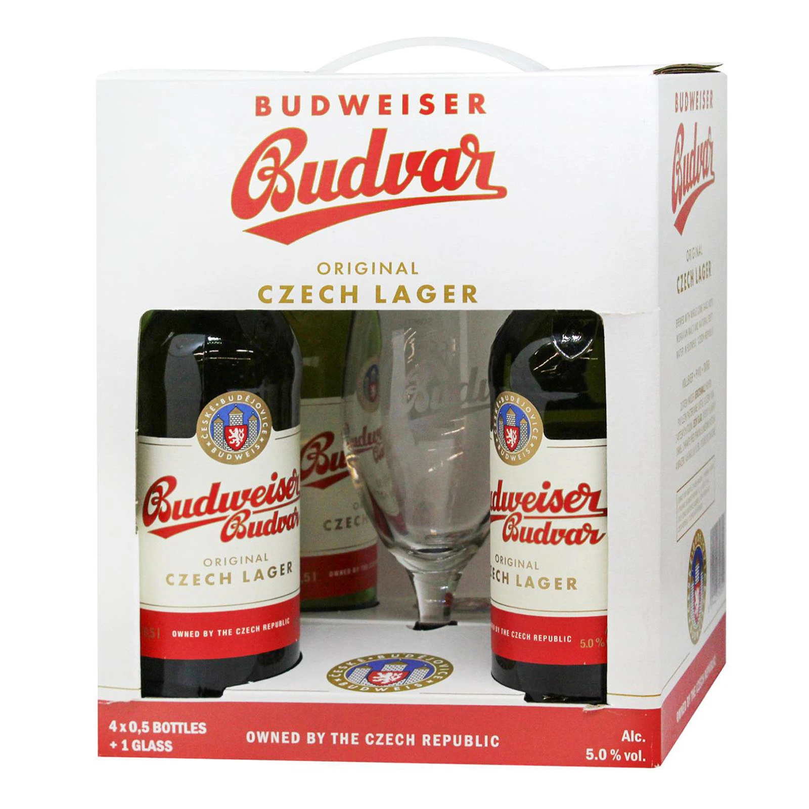 Набір пива Budweiser Budvar 0,5л*4шт 5% світле + келих 0,33л Фото навігації №:1