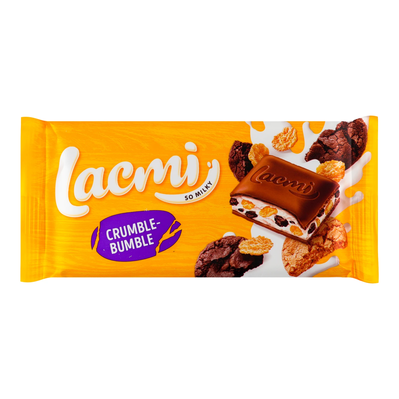 Шоколад Roshen Lacmi Crumble-bumble молочний з молочною начинкою, кукурудзяними пластівцями та печивом 83г