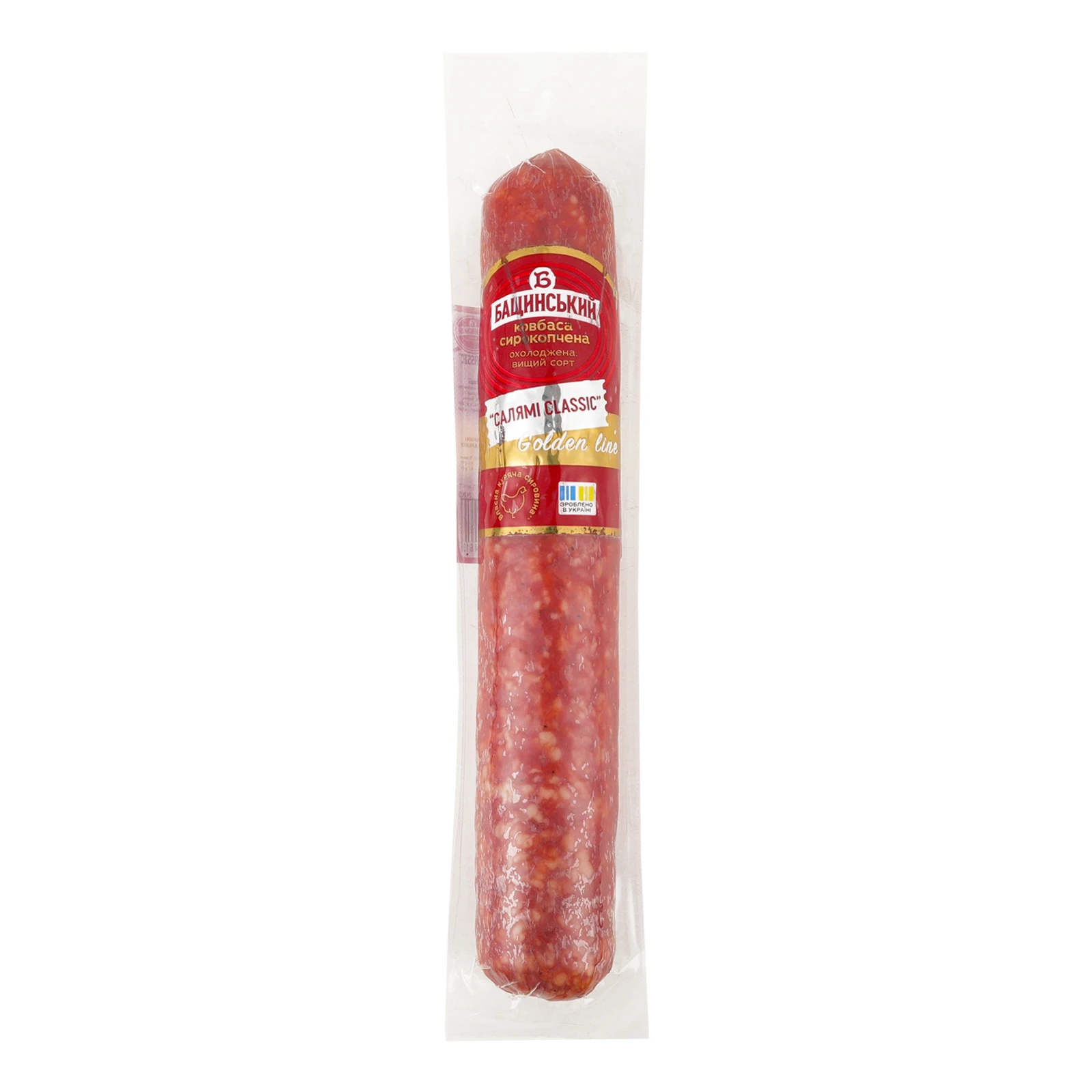 Ковбаса Бащинський Golden line Салямі Classic з м`ясом птиці сирокопчена вищий сорт 270г Фото №:1