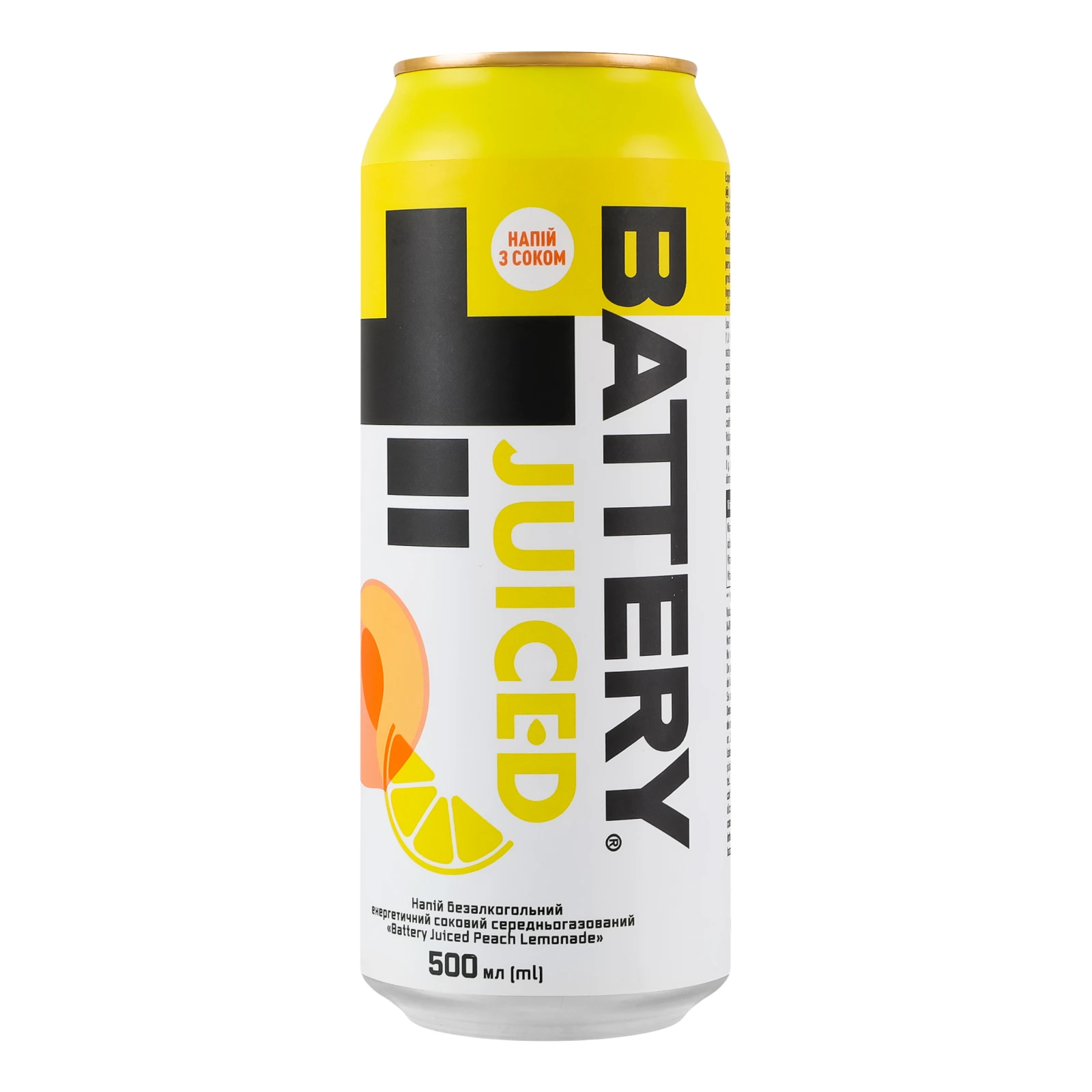 Напій енергетичний Battery Juiced Peach lemonade соковий безалкогольний середньогазований 0.5л Фото навігації №:1