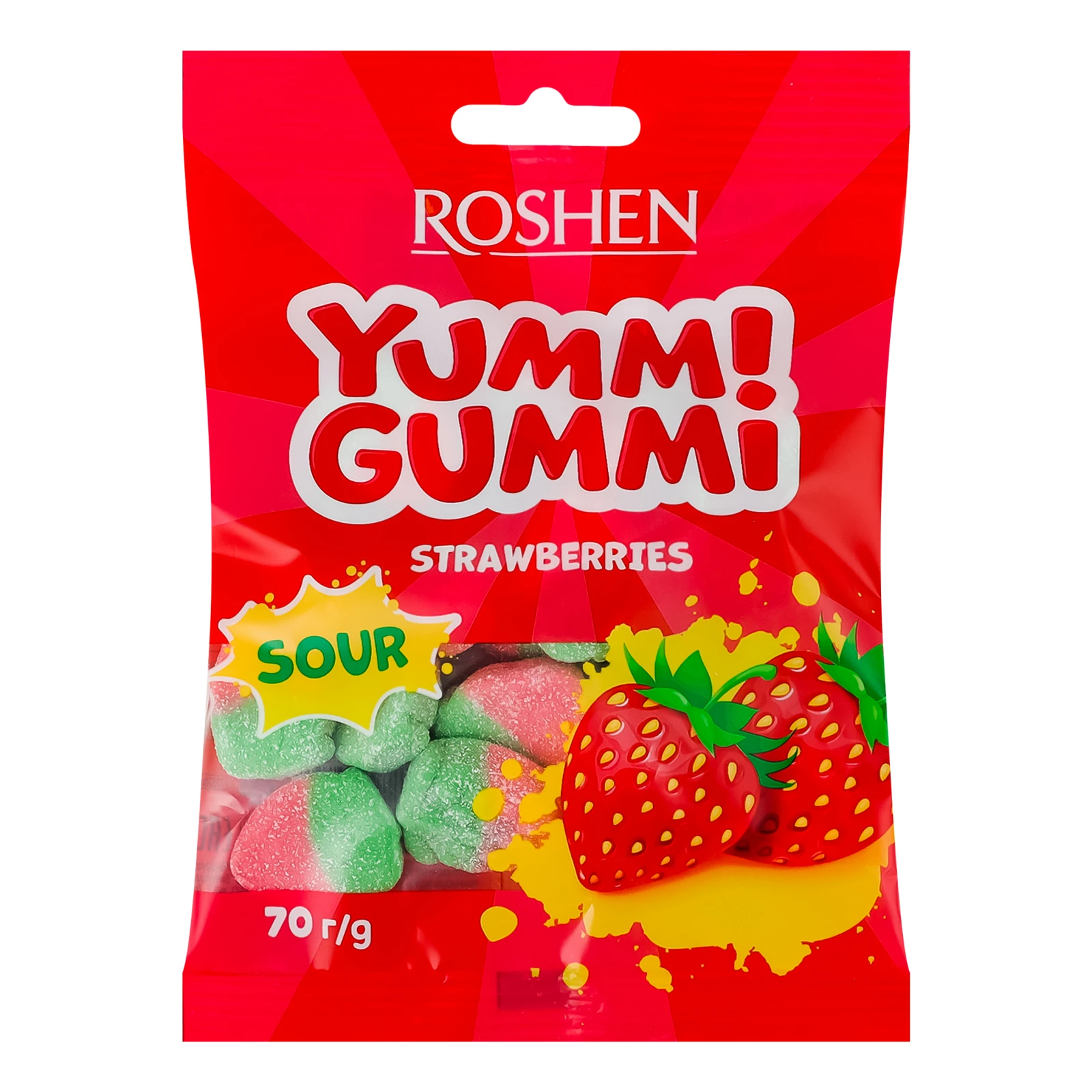 Цукерки желейні Roshen Yummi Gummi Sour strawberries 70г Фото №:1