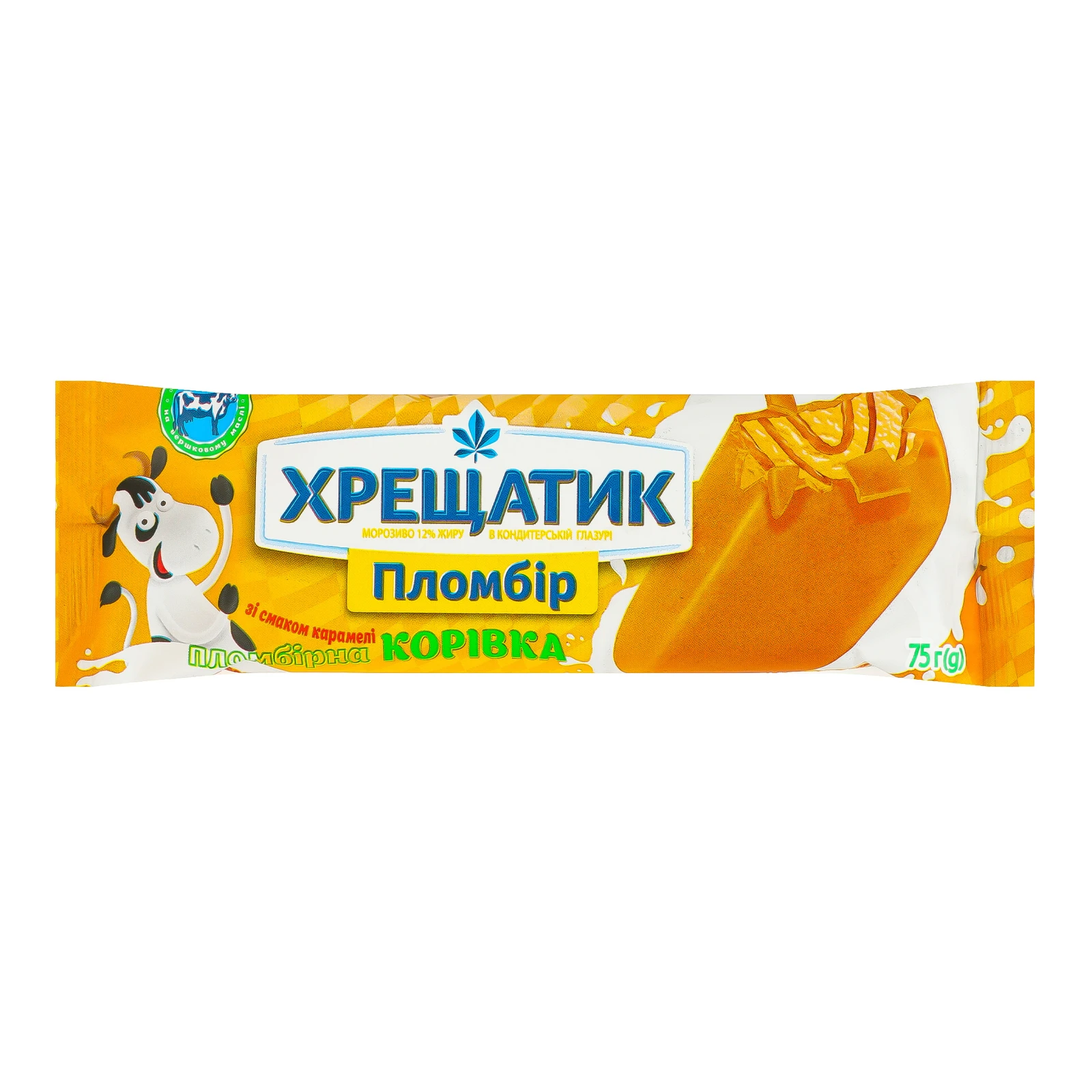 Морозиво Хрещатик Корівка пломбір в кондитерській глазурі зі смаком карамелі 12% 75г Фото №:1