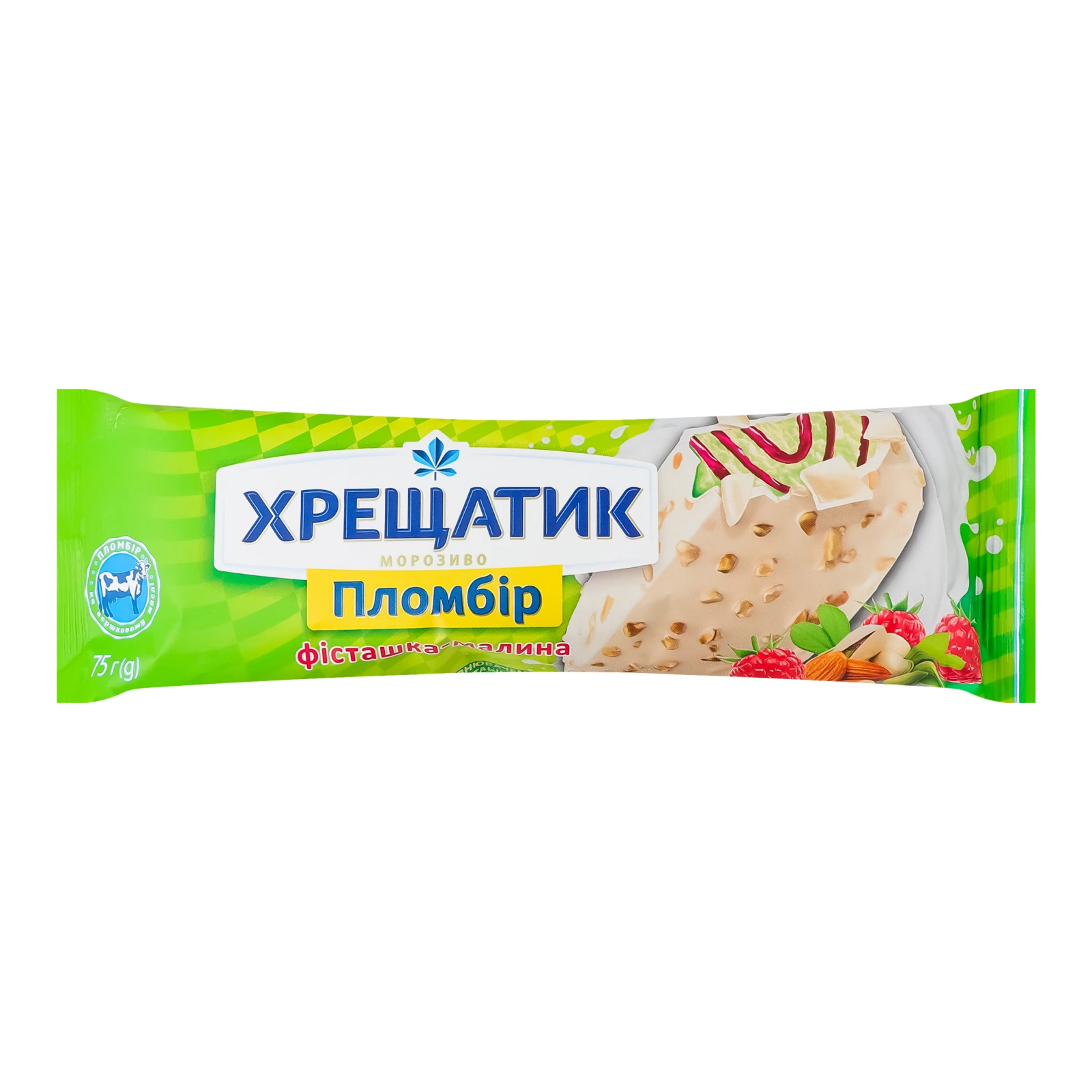 Морозиво Хрещатик пломбір в кондитерській глазурі Фісташка-малина 75г Фото №:1