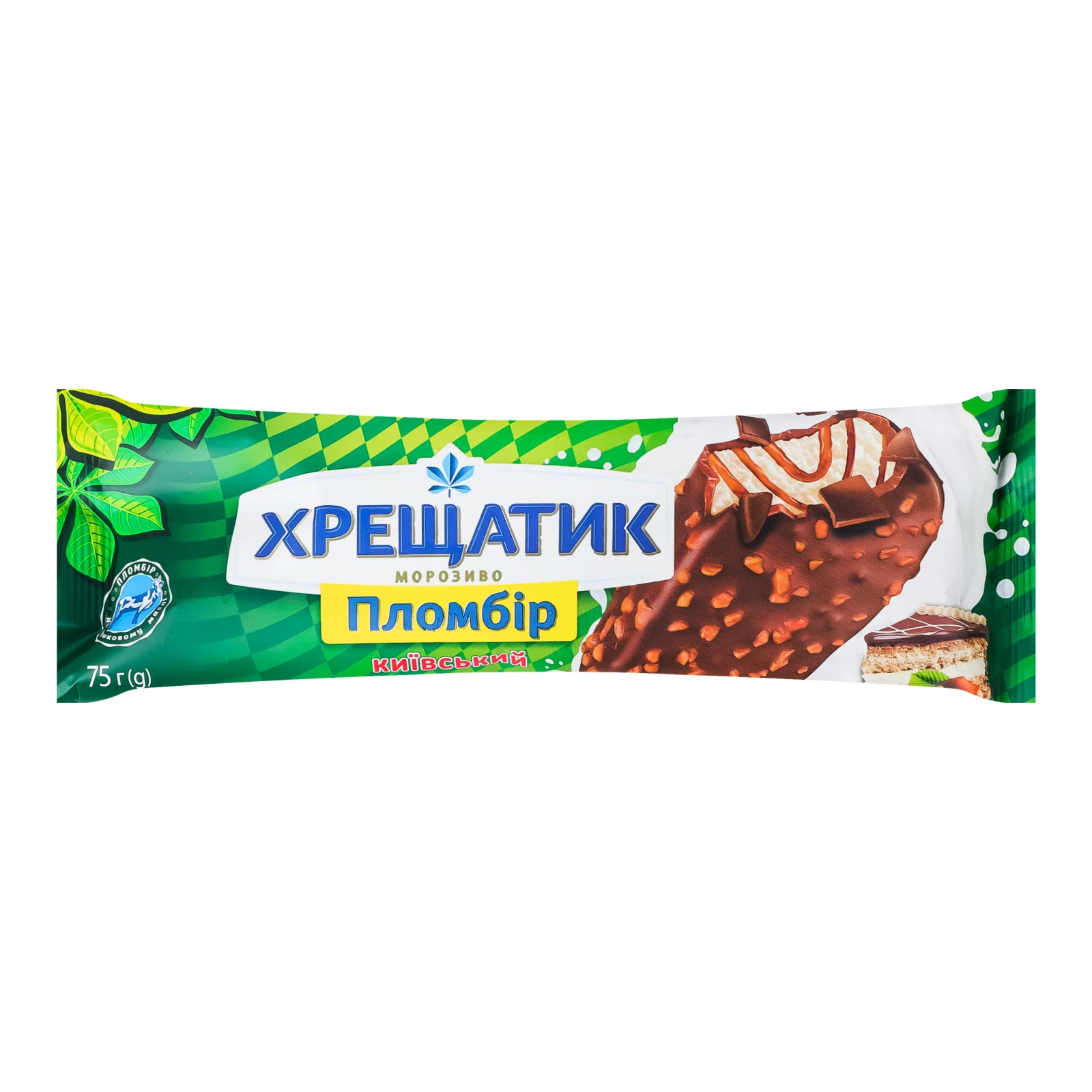 Морозиво Хрещатик Київський пломбір в кондитерській глазурі зі смаком лісового горіха 75г Фото навігації №:1