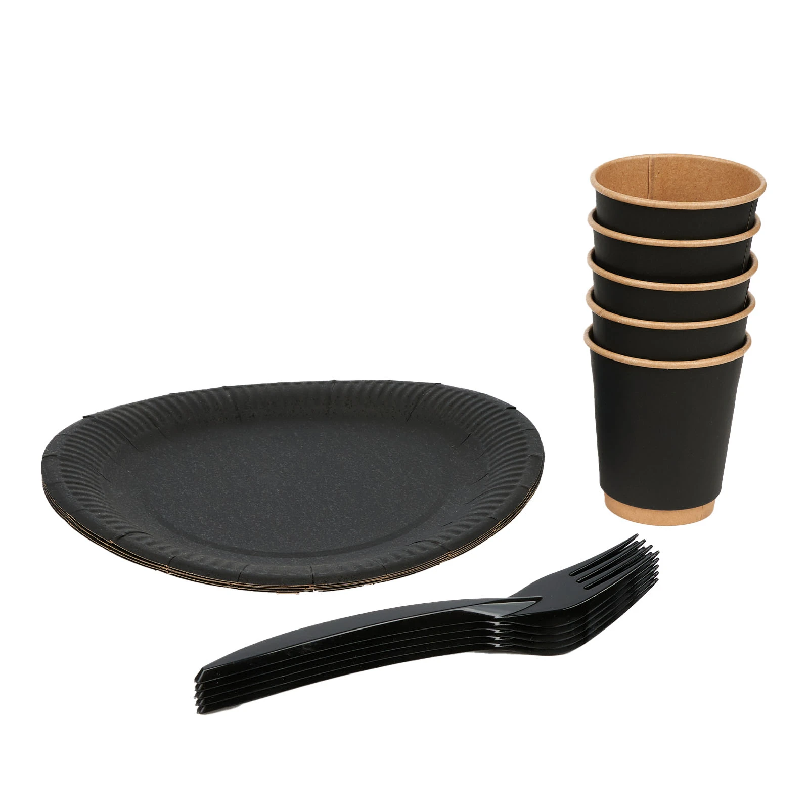 Набір разового посуду Hozer Чорний крафт на 5 персон (тарілки круглі 230мм, склянки 185мл, виделки) Фото №:1