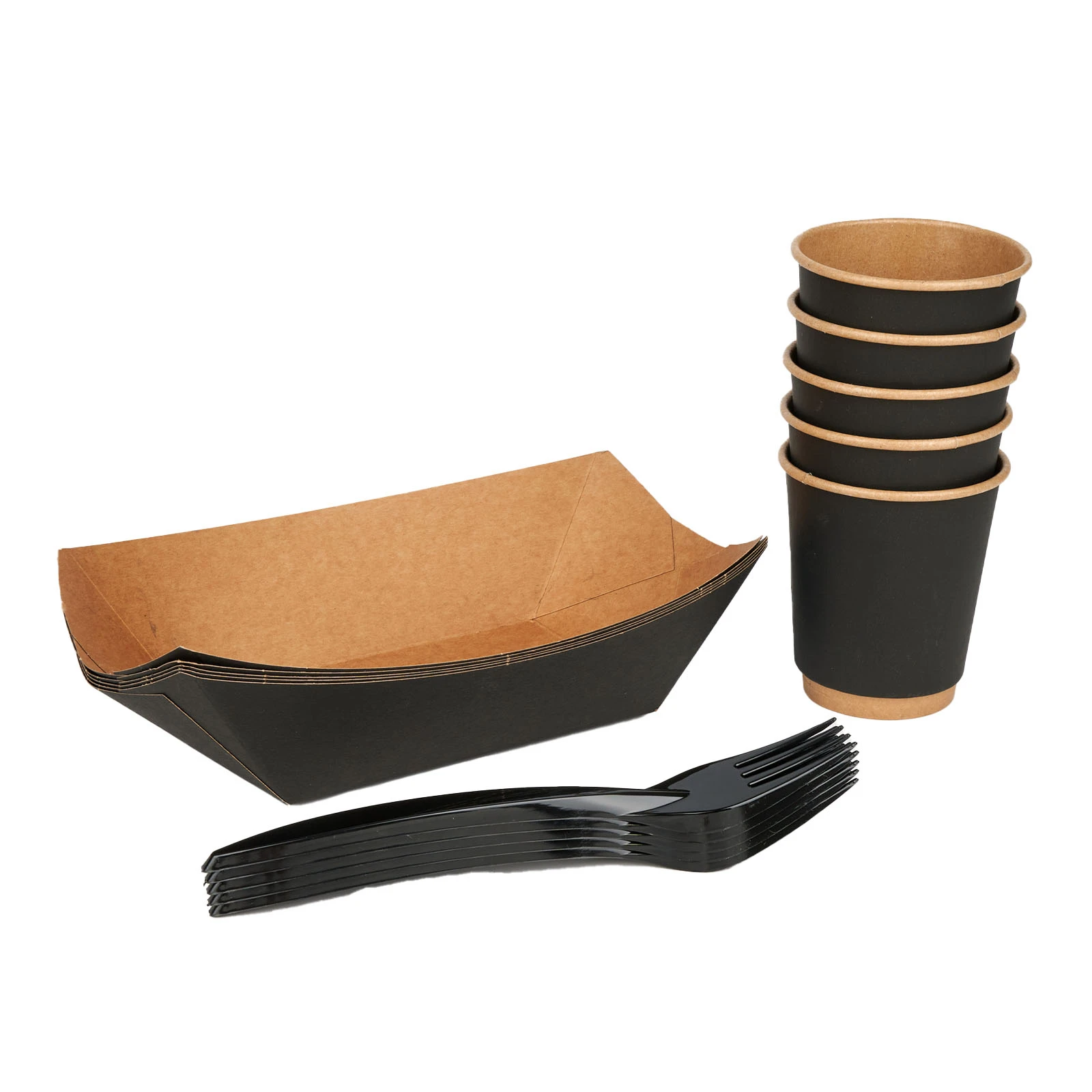Набір разового посуду Hozer Чорний крафт на 5 персон (тарілки Човник, склянки 185 мл, виделки) Фото №:1