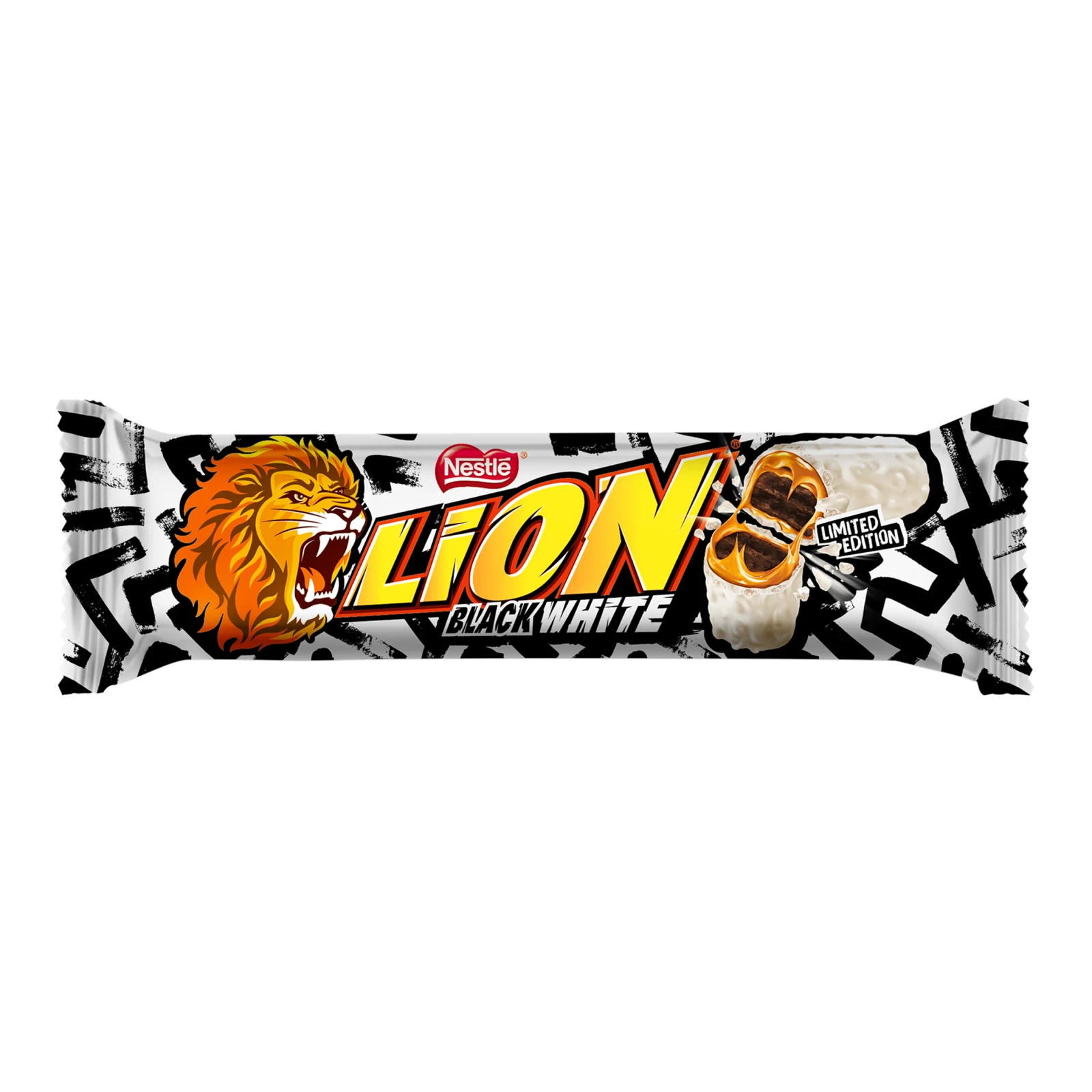Батончик Lion Black&White зі смаком брауні, м'якою карамеллю та пшеничними кріпсами, вкритий білою глазур'ю 42г