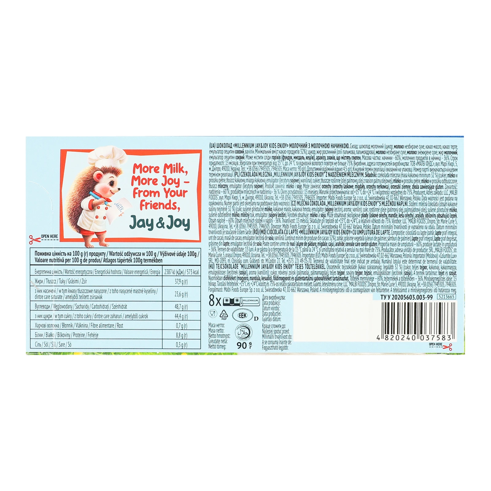 Шоколад Millennium Jay&Joy молочний з молочною начинкою 90г Фото №:2