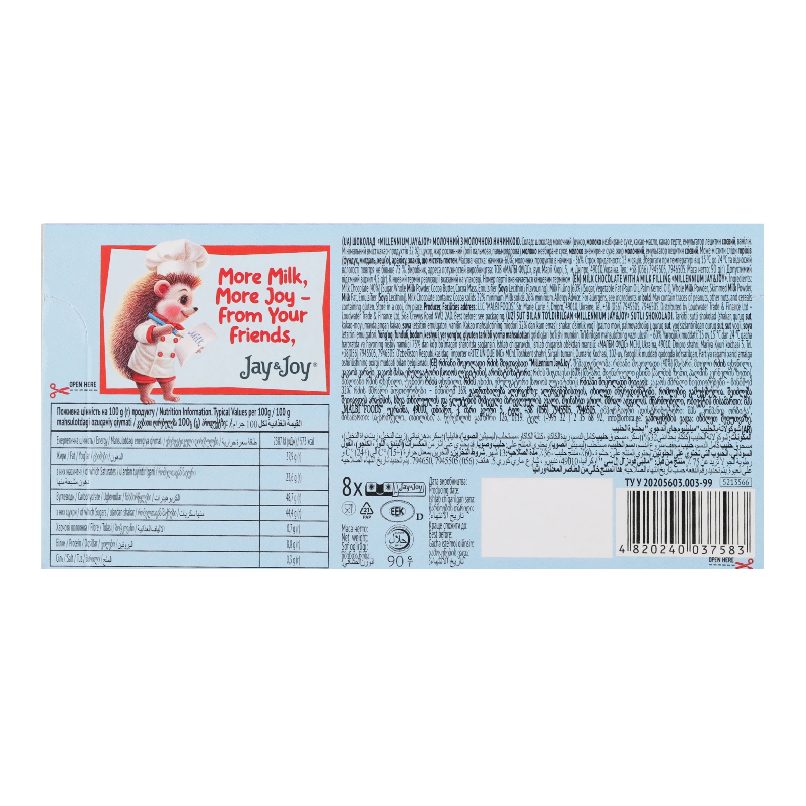 Шоколад Millennium Jay&Joy молочний з молочною начинкою 90г Фото №:2