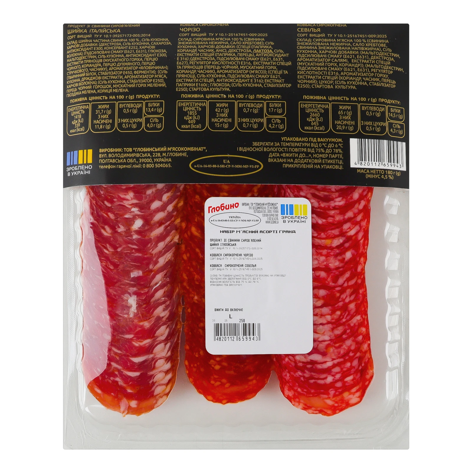 Набір м'ясний Глобино Асорті Гранд нарізка вищий сорт 180г Фото №:2
