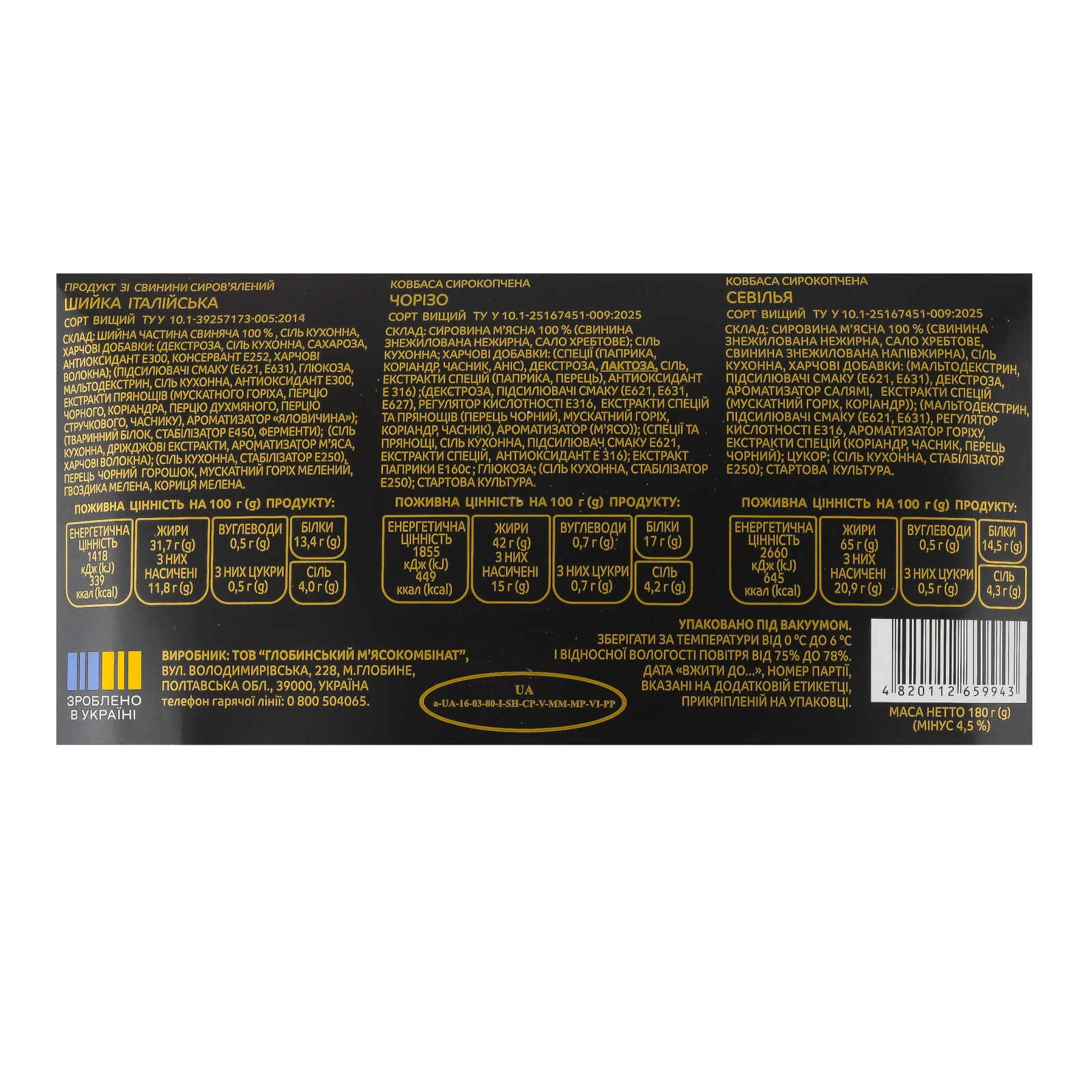 Набір м'ясний Глобино Асорті Гранд нарізка вищий сорт 180г Фото №:3